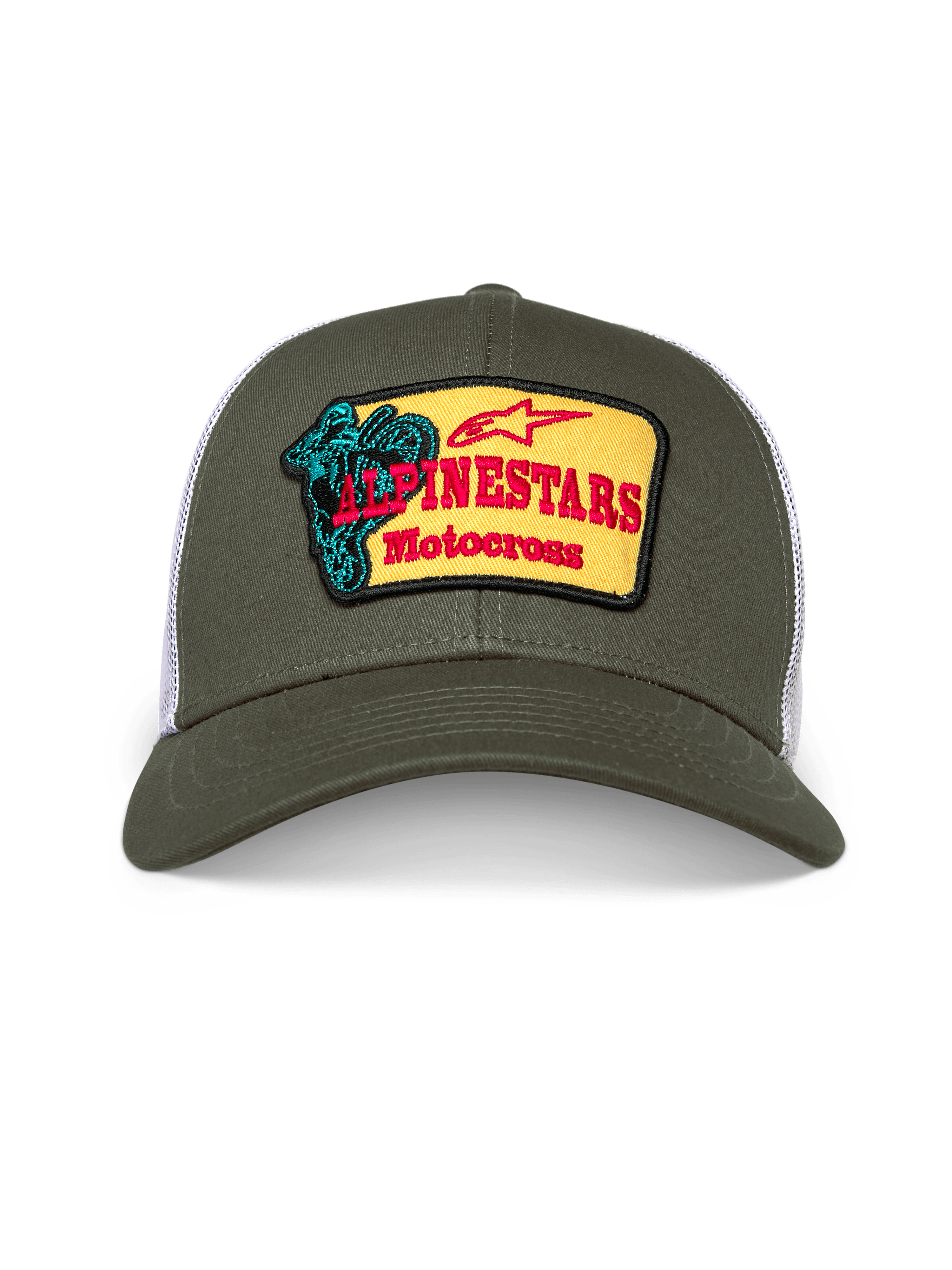 Cappello Alpinestars Hardware Trucker, cappellino trucker verde oliva e bianco, corona strutturata con visiera curva, patch frontale ricamata gialla con marchio Alpinestars Motocross rosso e grafica del pilota verde acqua, streetwear casual motorsport