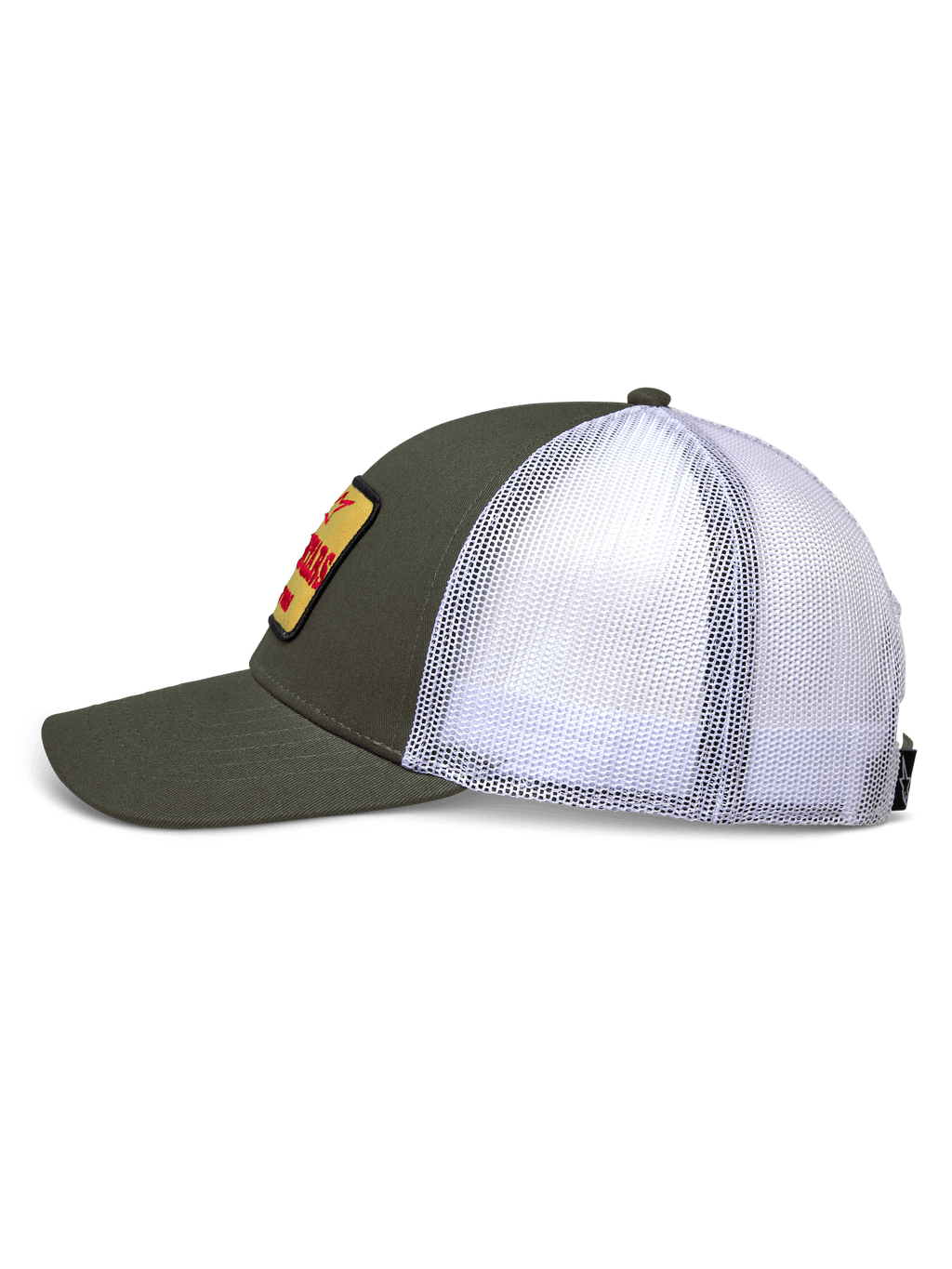 Cappello Alpinestars Hardware Trucker, vista laterale, parte anteriore in twill verde militare e retro in rete bianca, patch ricamata gialla con marchio rosso, corona strutturata con visiera curva, abbigliamento sportivo casual motorsport