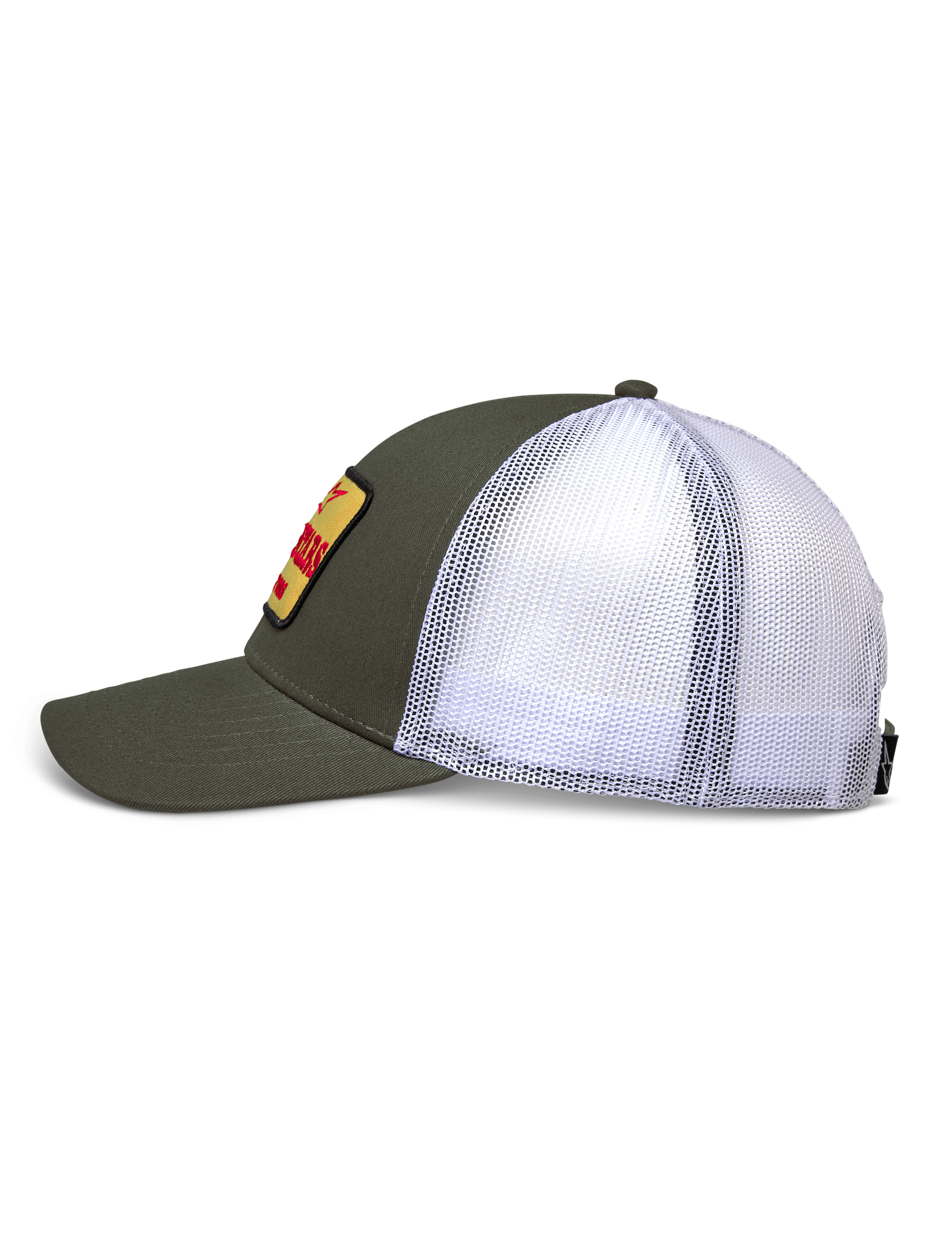 Cappello Alpinestars Hardware Trucker, vista laterale, parte anteriore in twill verde militare e retro in rete bianca, patch ricamata gialla con marchio rosso, corona strutturata con visiera curva, abbigliamento sportivo casual motorsport