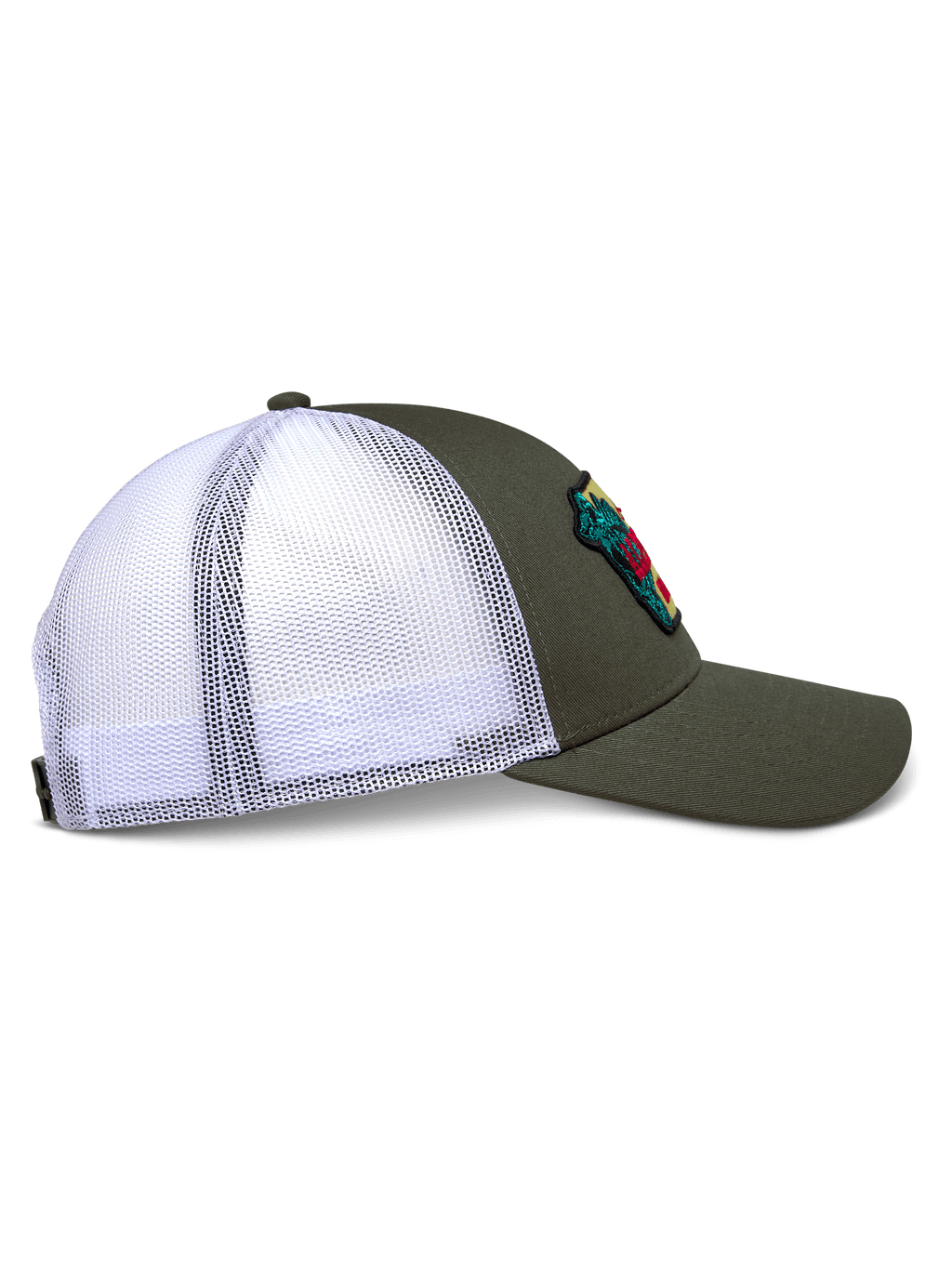 Alpinestars Hardware Trucker Hat, vista laterale, verde militare con retro in rete di poliestere bianca, visiera curva e corona strutturata, con patch ricamata, copricapo casual ispirato al motorsport