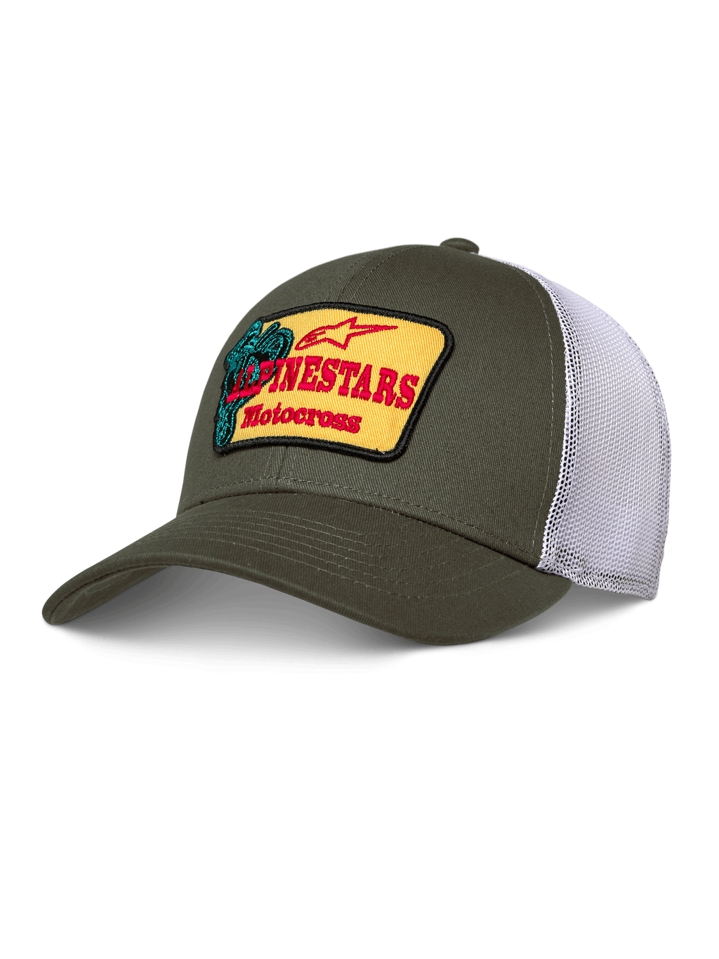 Alpinestars Hardware Trucker Hat, verde oliva e rete bianca, patch gialla con branding Alpinestars Motocross rosso, visiera curva, corona strutturata, abbigliamento casual motorsport
