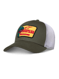Alpinestars Hardware Trucker Hat, verde oliva e rete bianca, patch gialla con branding Alpinestars Motocross rosso, visiera curva, corona strutturata, abbigliamento casual motorsport