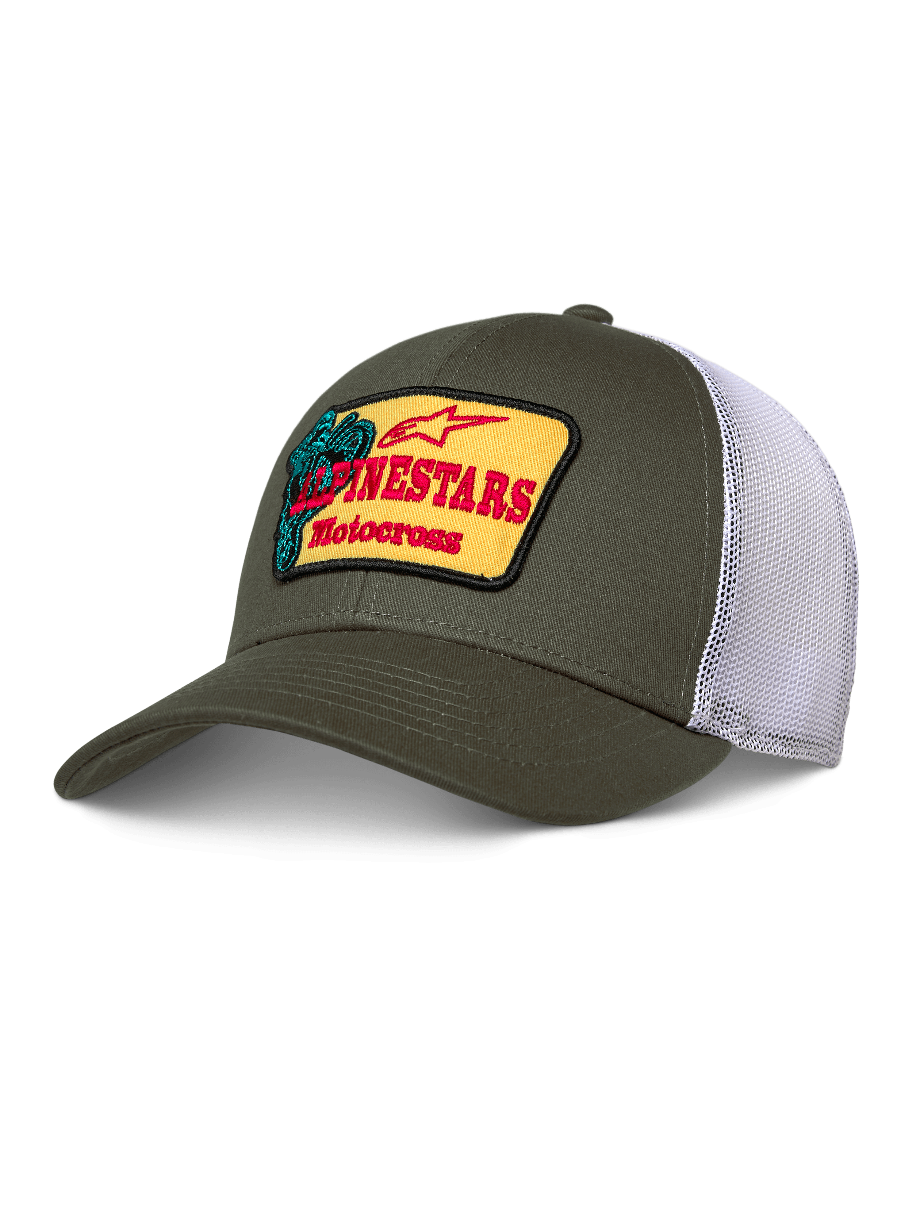 Alpinestars Hardware Trucker Hat, verde oliva e rete bianca, patch gialla con branding Alpinestars Motocross rosso, visiera curva, corona strutturata, abbigliamento casual motorsport