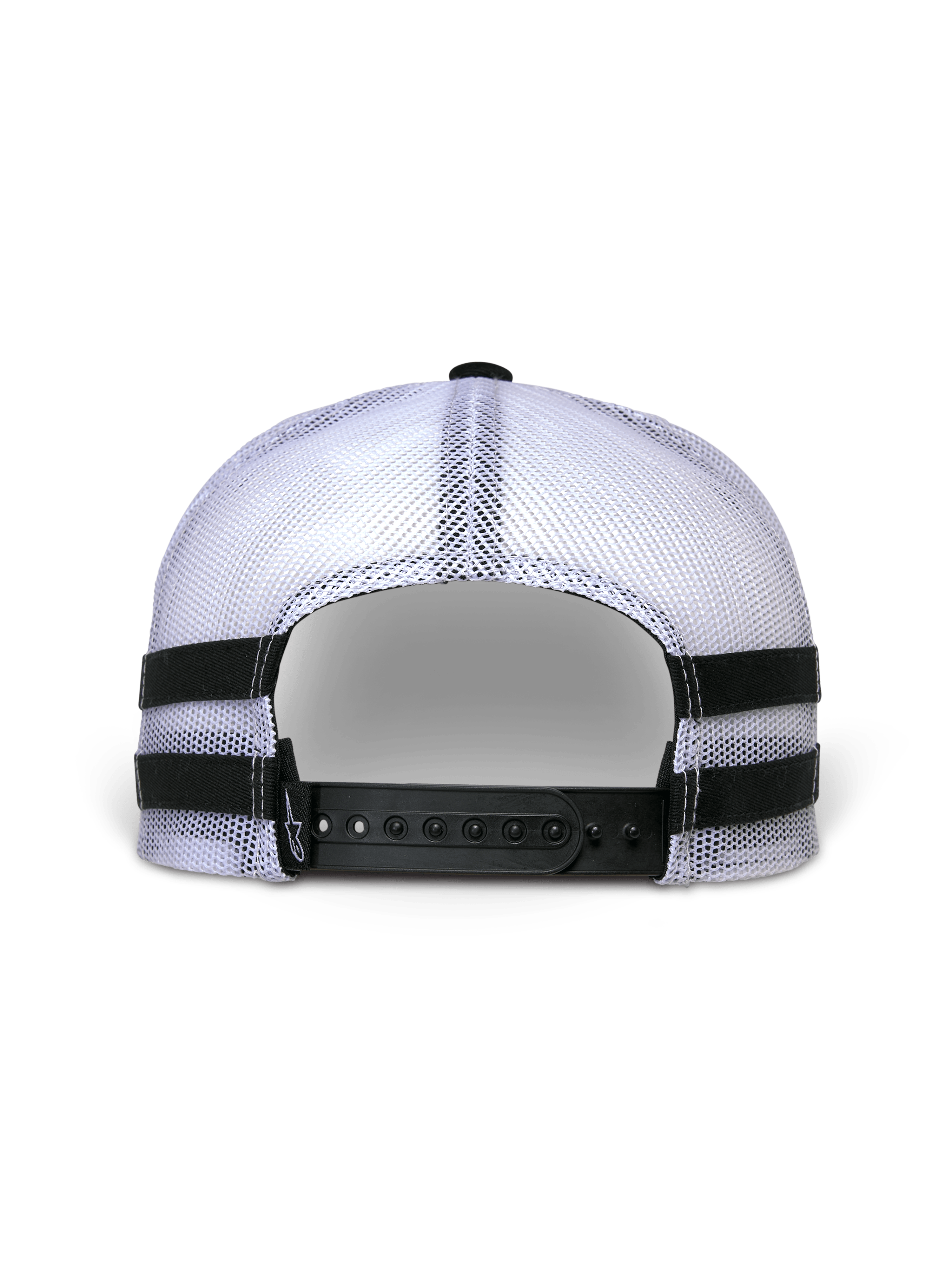 Alpinestars Backline Trucker Hat, vista posteriore, retro in rete bianca con chiusura snap-back nera, strisce orizzontali nere applicate sui lati, stile casual motorsport streetwear