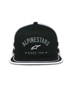 Alpinestars Backline Trucker Hat, cappello trucker, nero e bianco, grafica frontale con logo 'Alpinestars Since 1963', visiera piatta con bordo bianco, calotta strutturata e retro in rete
