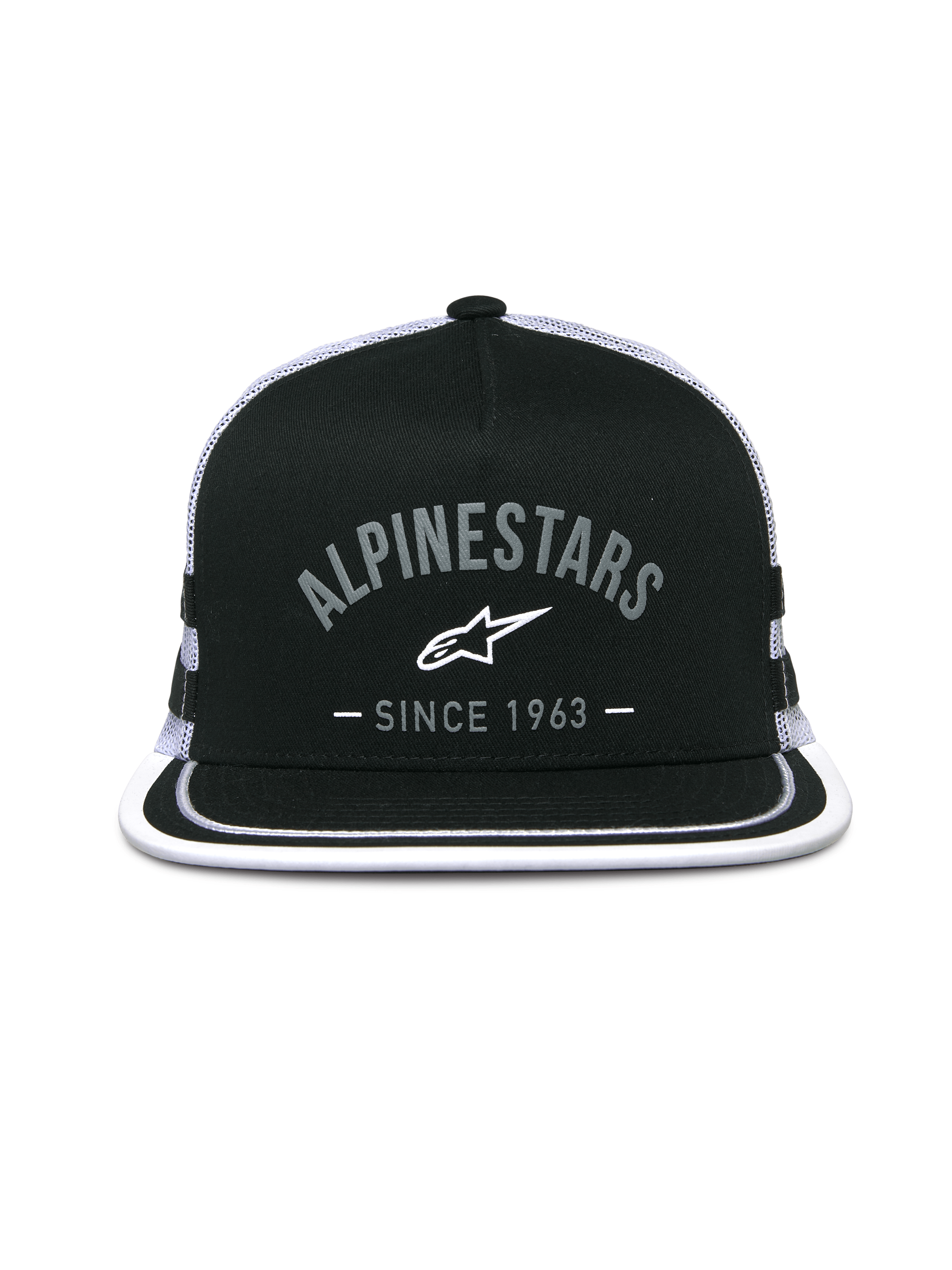 Alpinestars Backline Trucker Hat, cappello trucker, nero e bianco, grafica frontale con logo 'Alpinestars Since 1963', visiera piatta con bordo bianco, calotta strutturata e retro in rete