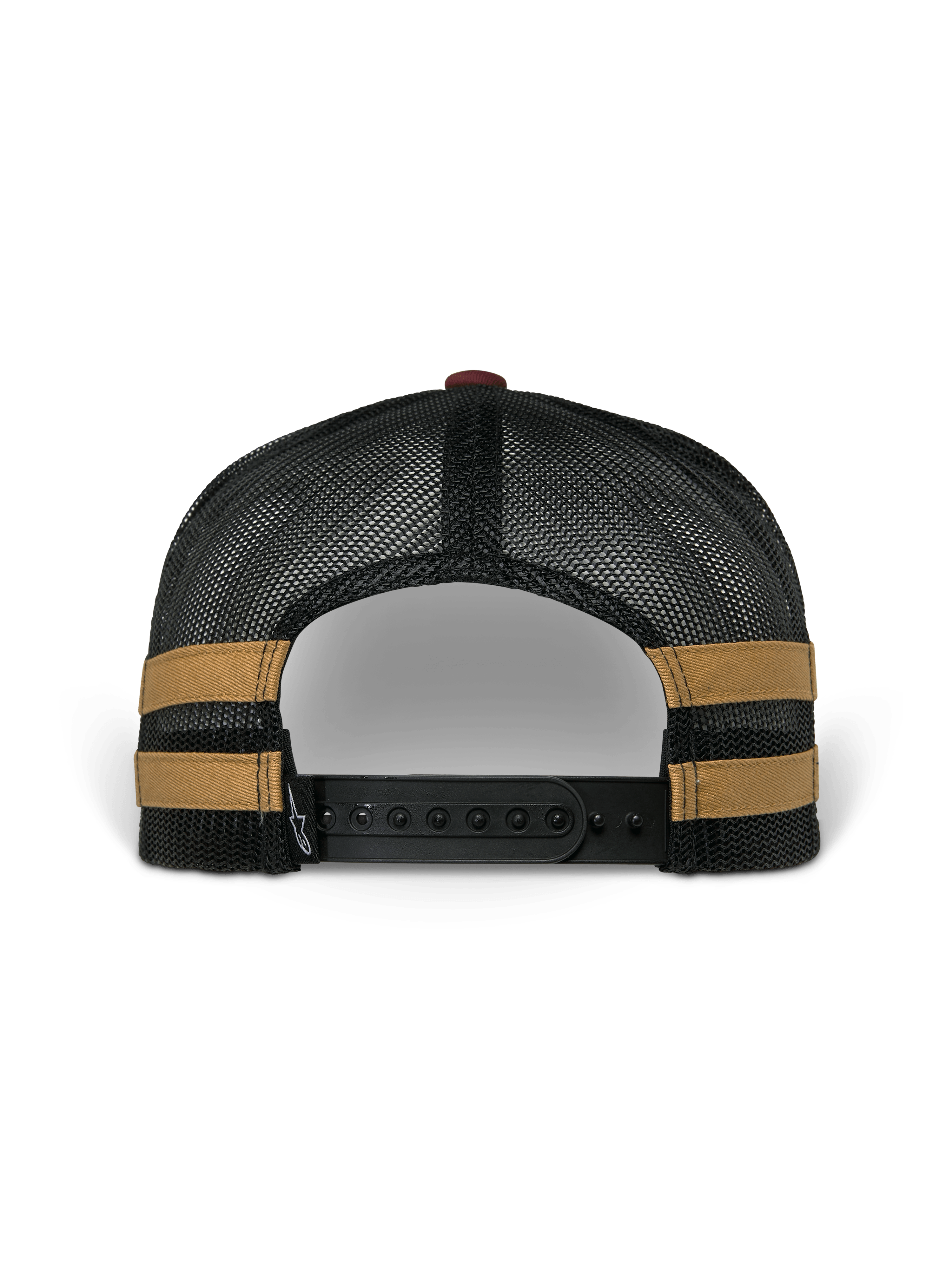 Alpinestars Backline Trucker Hat, vista posteriore, retro in rete di poliestere nera con strisce laterali senape, chiusura snapback nera regolabile, copricapo casual ispirato al motorsport
