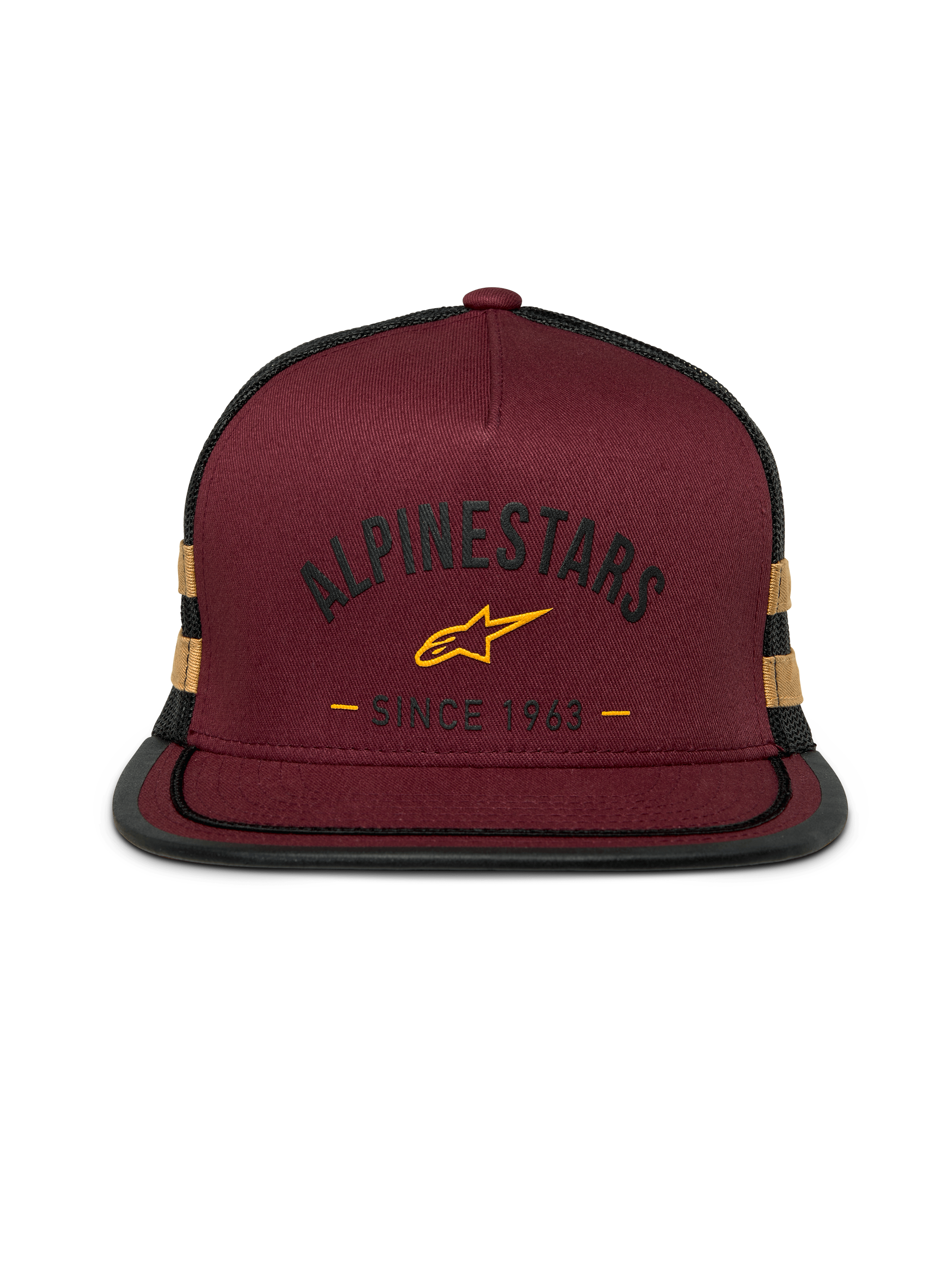 Cappellino Alpinestars Backline Trucker, snapback con visiera piatta, parte anteriore in twill rosso mattone con retro in rete nera, logo e strisce laterali giallo senape, corona strutturata con rifinitura suttache sulla visiera, streetwear casual motorsport