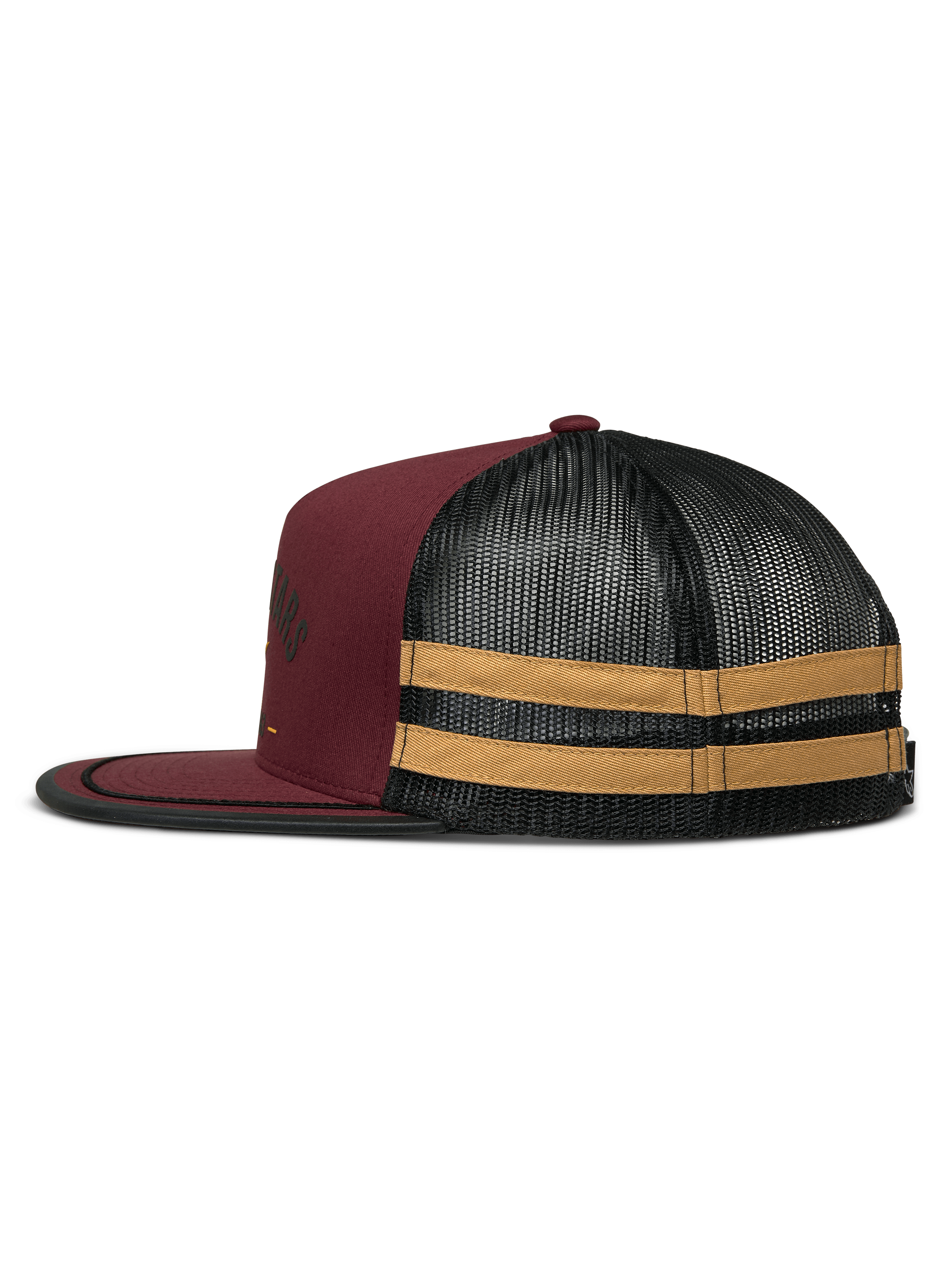 Cappellino Trucker Alpinestars Backline, vista laterale di profilo, colore Brick Black e Mustard, parte anteriore in twill bordeaux con retro in rete nera, strisce orizzontali color senape sul lato, visiera piatta con bordo nero, snapback casual ispirato al motorsport