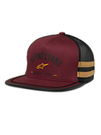 Alpinestars Backline Trucker Hat, cappellino bordeaux e mesh nero, logo con stella gialla e grafica heritage 'Since 1963', corona strutturata con visiera piatta, strisce laterali giallo senape