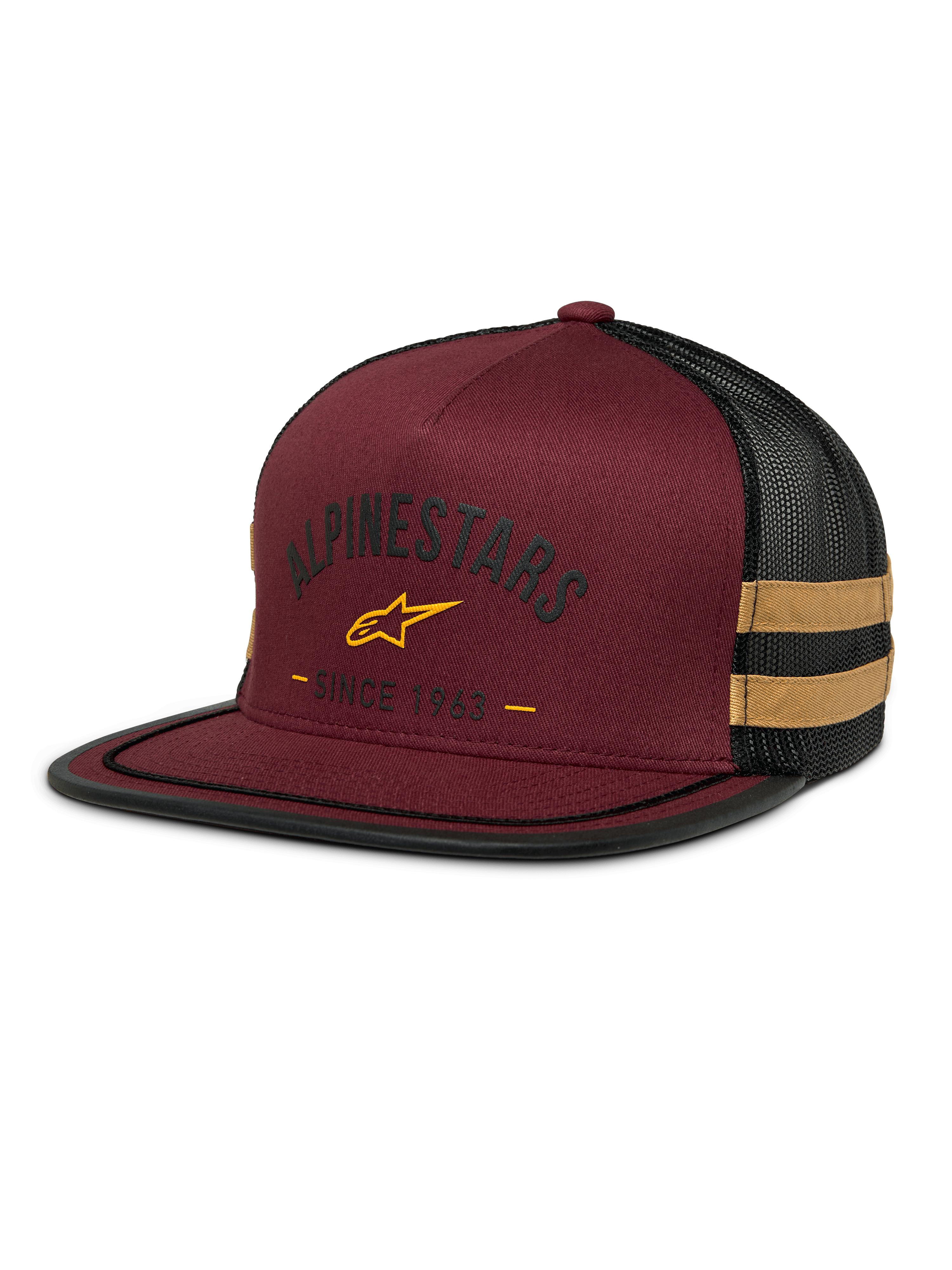 Alpinestars Backline Trucker Hat, cappellino bordeaux e mesh nero, logo con stella gialla e grafica heritage 'Since 1963', corona strutturata con visiera piatta, strisce laterali giallo senape