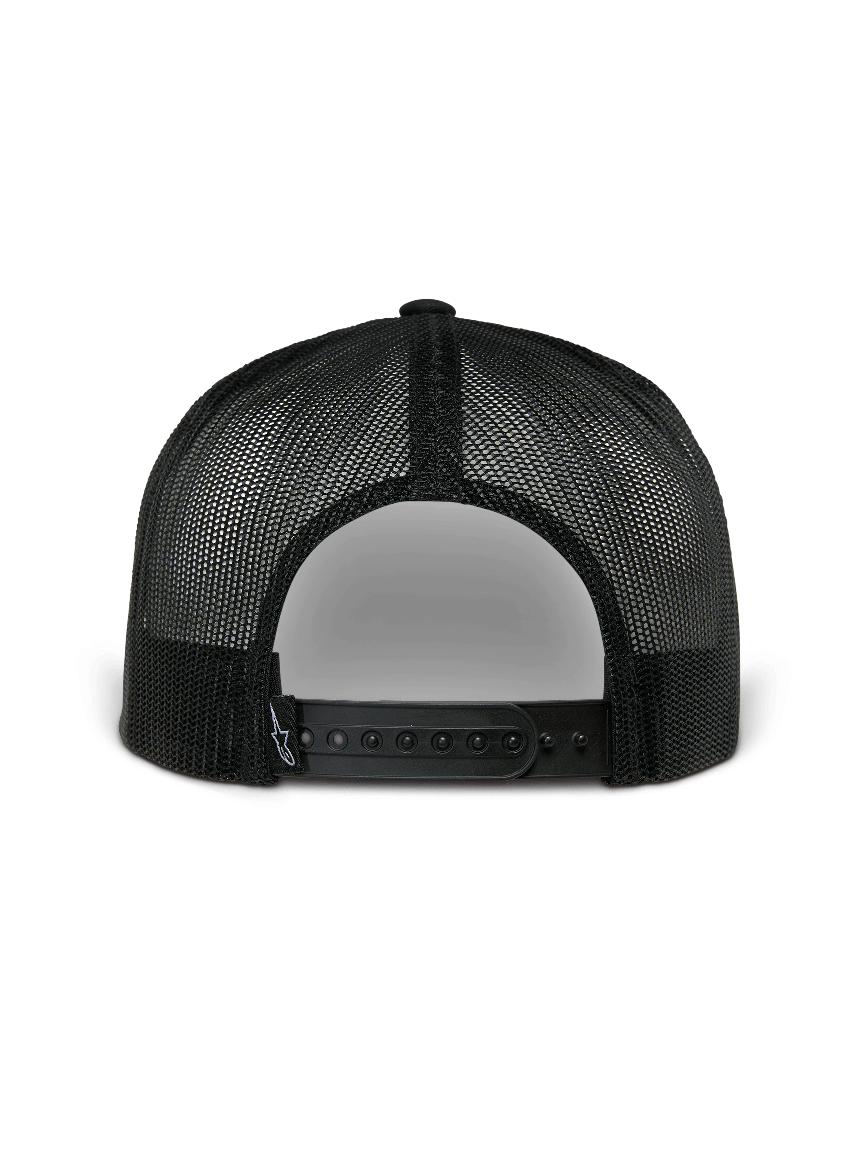 Alpinestars Orion Trucker Hat, vista posteriore, blu navy e nero, con rete in poliestere nera e chiusura a scatto, copricapo casual ispirato al motorsport