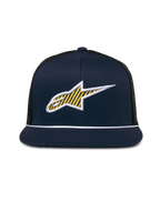 Cappello Trucker Alpinestars Orion, blu navy e nero, logo Ageless 3D frontale con riempimento a motivo giallo e bordo bianco, visiera piatta con rifinitura in corda bianca, corona strutturata e retro in rete nera, copricapo casual da motorsport