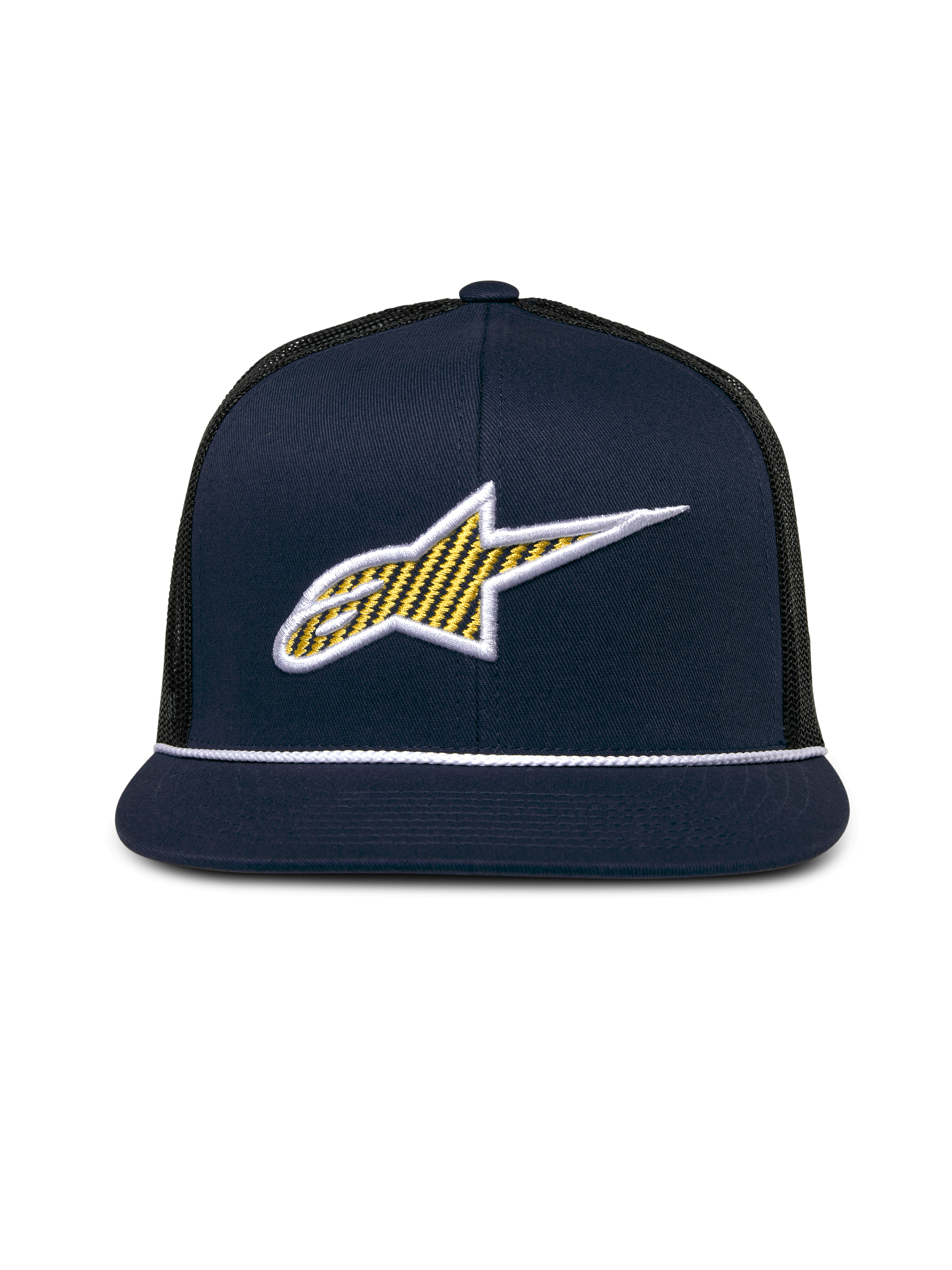 Cappello Trucker Alpinestars Orion, blu navy e nero, logo Ageless 3D frontale con riempimento a motivo giallo e bordo bianco, visiera piatta con rifinitura in corda bianca, corona strutturata e retro in rete nera, copricapo casual da motorsport