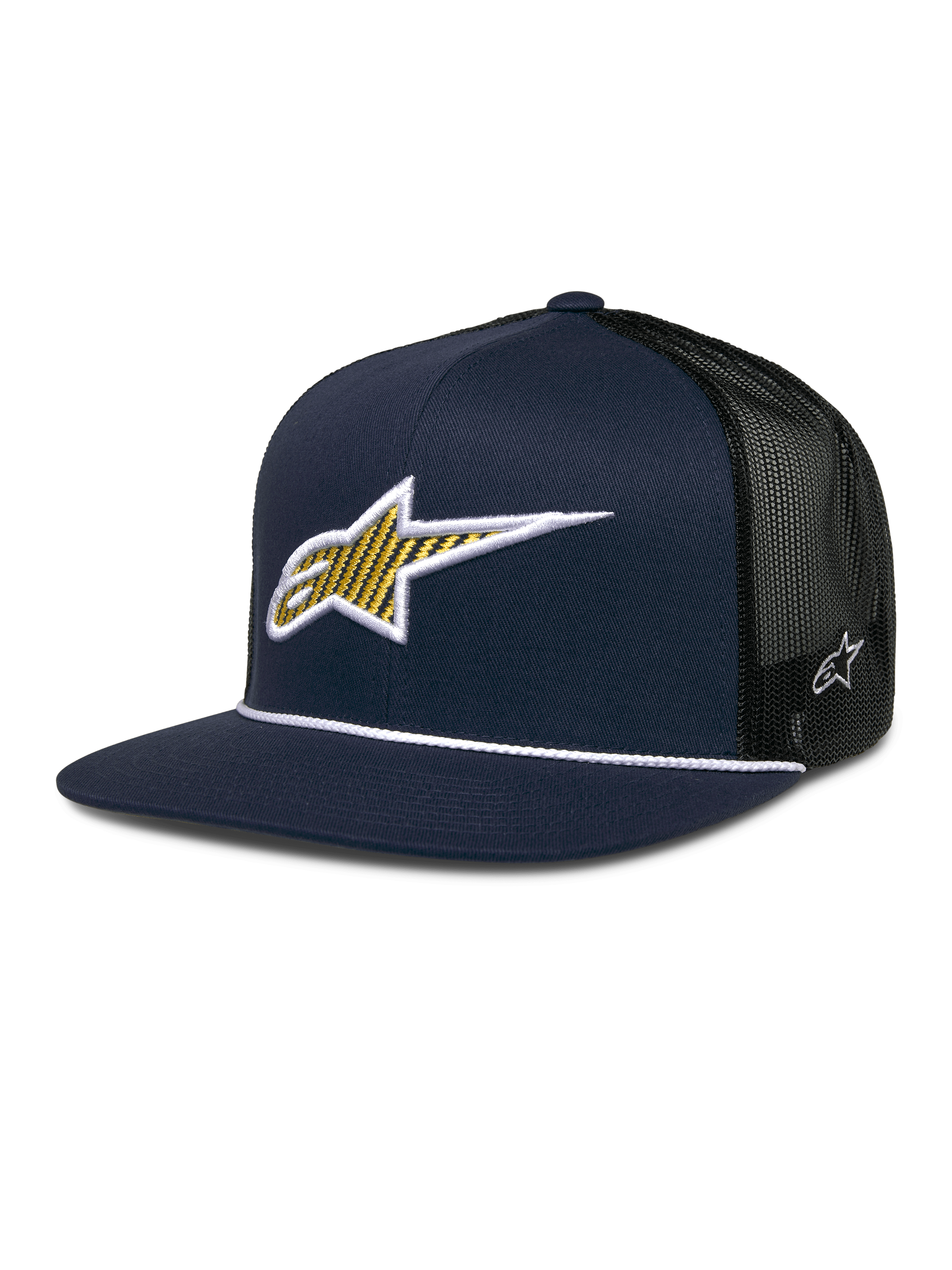 Alpinestars Orion Trucker Hat, blu navy e nero, pannello frontale strutturato con logo a stella ricamato in 3D giallo e bianco, retro in mesh nero, dettaglio corda bianca sulla visiera piatta, piccolo emblema a stella bianco sul lato