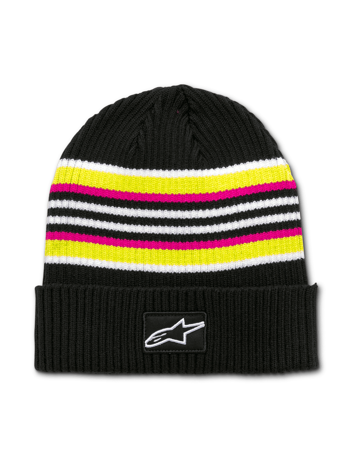 Alpinestars Bolted Cuff Beanie, berretto a maglia unisex con texture a coste, nero con strisce orizzontali bianche, gialle e rosa, fascia nera con patch stella bianca
