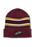 Alpinestars Bolted Cuff Beanie, berretto invernale in maglia a coste bordeaux, strisce orizzontali tinte in filo oro, nero e bianco, risvolto con patch logo Alpinestars in tessuto, abbigliamento sportivo casual