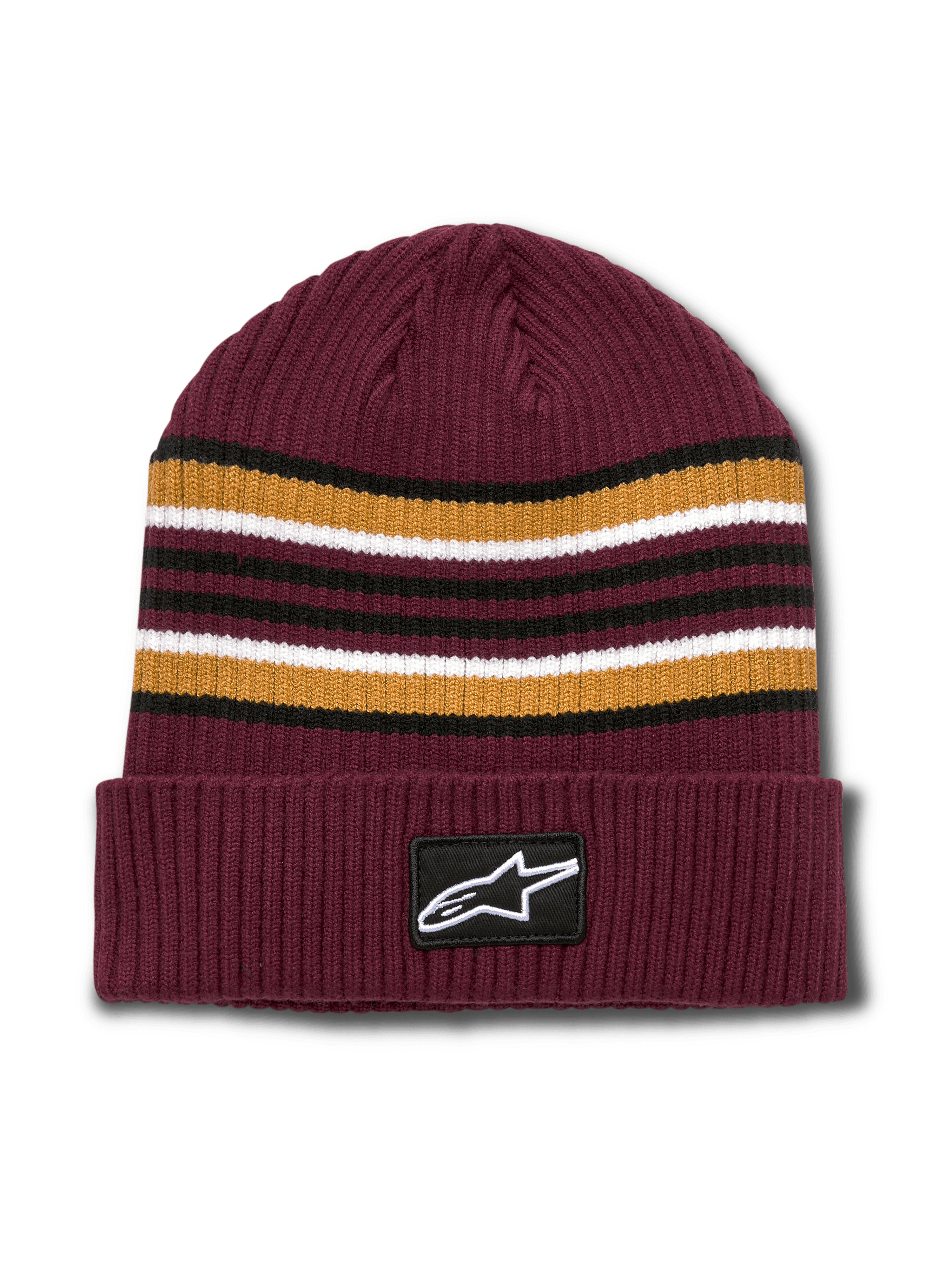 Alpinestars Bolted Cuff Beanie, berretto invernale in maglia a coste bordeaux, strisce orizzontali tinte in filo oro, nero e bianco, risvolto con patch logo Alpinestars in tessuto, abbigliamento sportivo casual