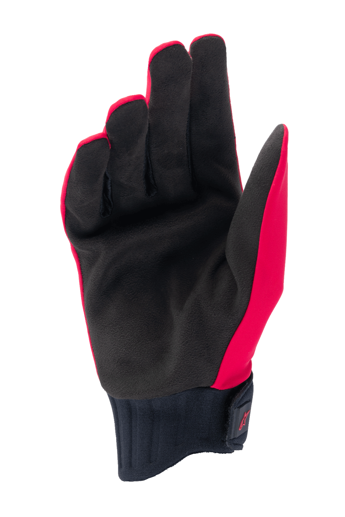 Alpinestars A-Dura Rain Gloves, guanti da MTB, rosso fluo e nero, vista del palmo in pelle scamosciata sintetica nera, polsino in neoprene a coste con chiusura a strappo, design a basso profilo per mountain bike