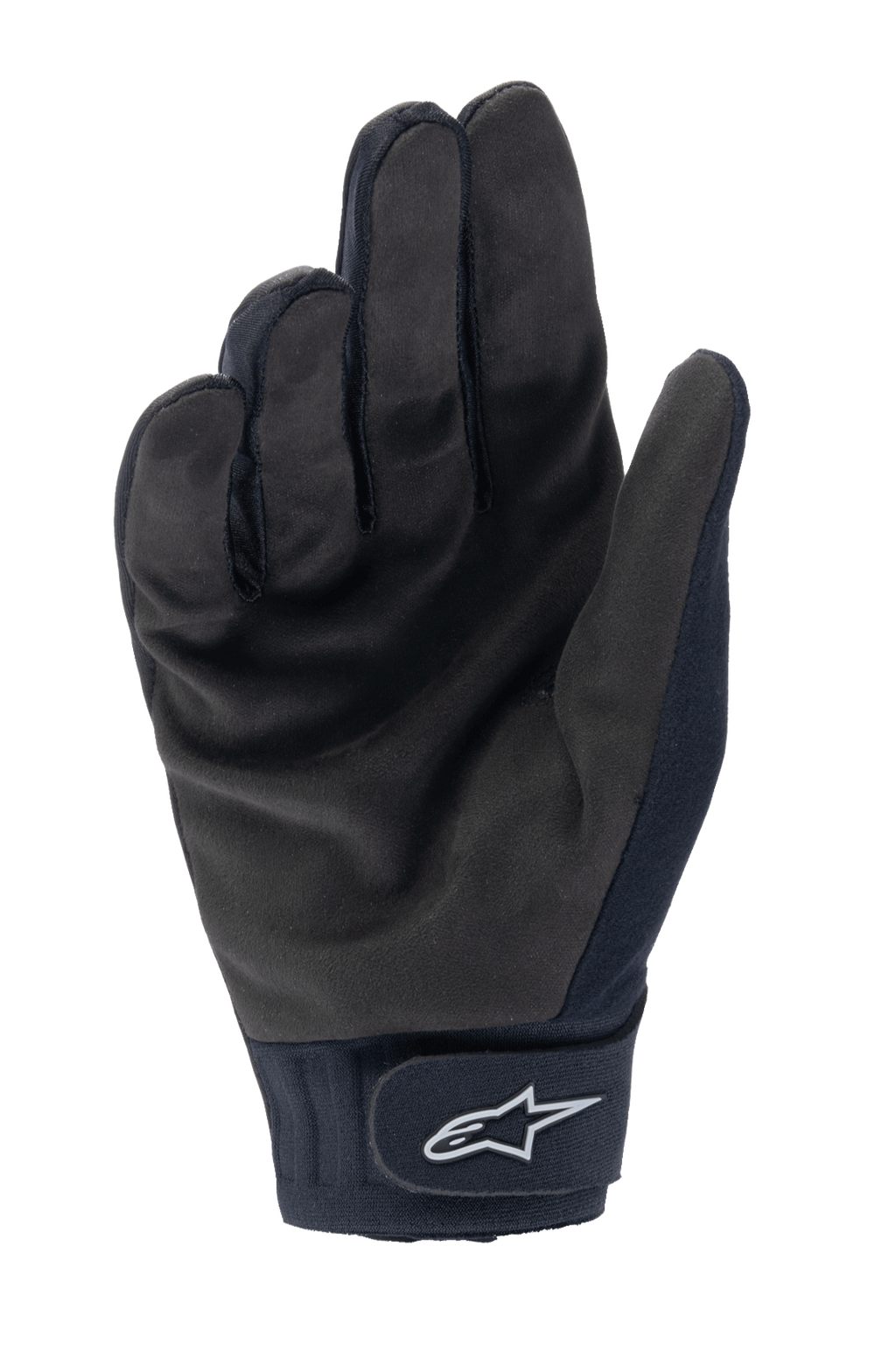 Guanti termici Alpinestars A-Dura, guanti da ciclismo MTB neri, vista del palmo che mostra la resistente pelle scamosciata sintetica e chiusura a strappo sul polso con logo Alpinestars bianco, abbigliamento termico da ciclismo per climi freddi
