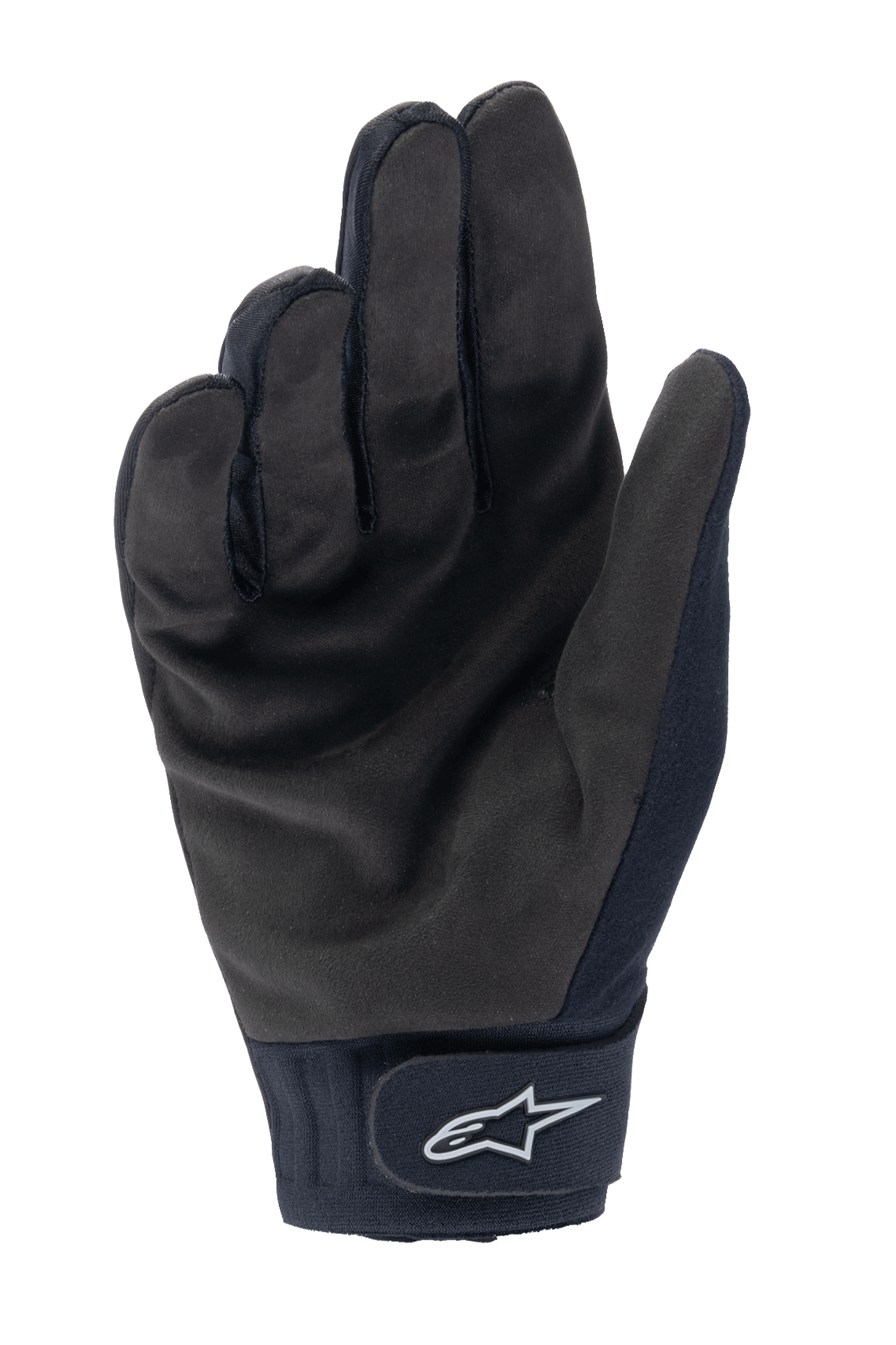 Guanti termici Alpinestars A-Dura, guanti da ciclismo MTB neri, vista del palmo che mostra la resistente pelle scamosciata sintetica e chiusura a strappo sul polso con logo Alpinestars bianco, abbigliamento termico da ciclismo per climi freddi