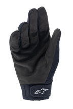 Guanti termici Alpinestars A-Dura, guanti da ciclismo MTB neri, vista del palmo che mostra la resistente pelle scamosciata sintetica e chiusura a strappo sul polso con logo Alpinestars bianco, abbigliamento termico da ciclismo per climi freddi
