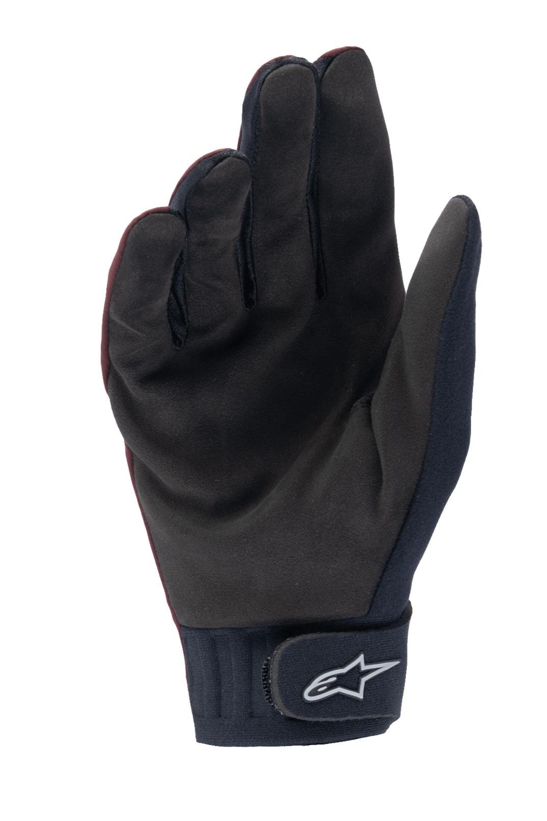 Guanti Alpinestars A-Dura Thermal, guanti da MTB, borgogna scuro e nero, vista del palmo in pelle scamosciata sintetica, polsino in neoprene con chiusura a strappo e logo Astar bianco, progettati per la guida in mountain bike con clima freddo