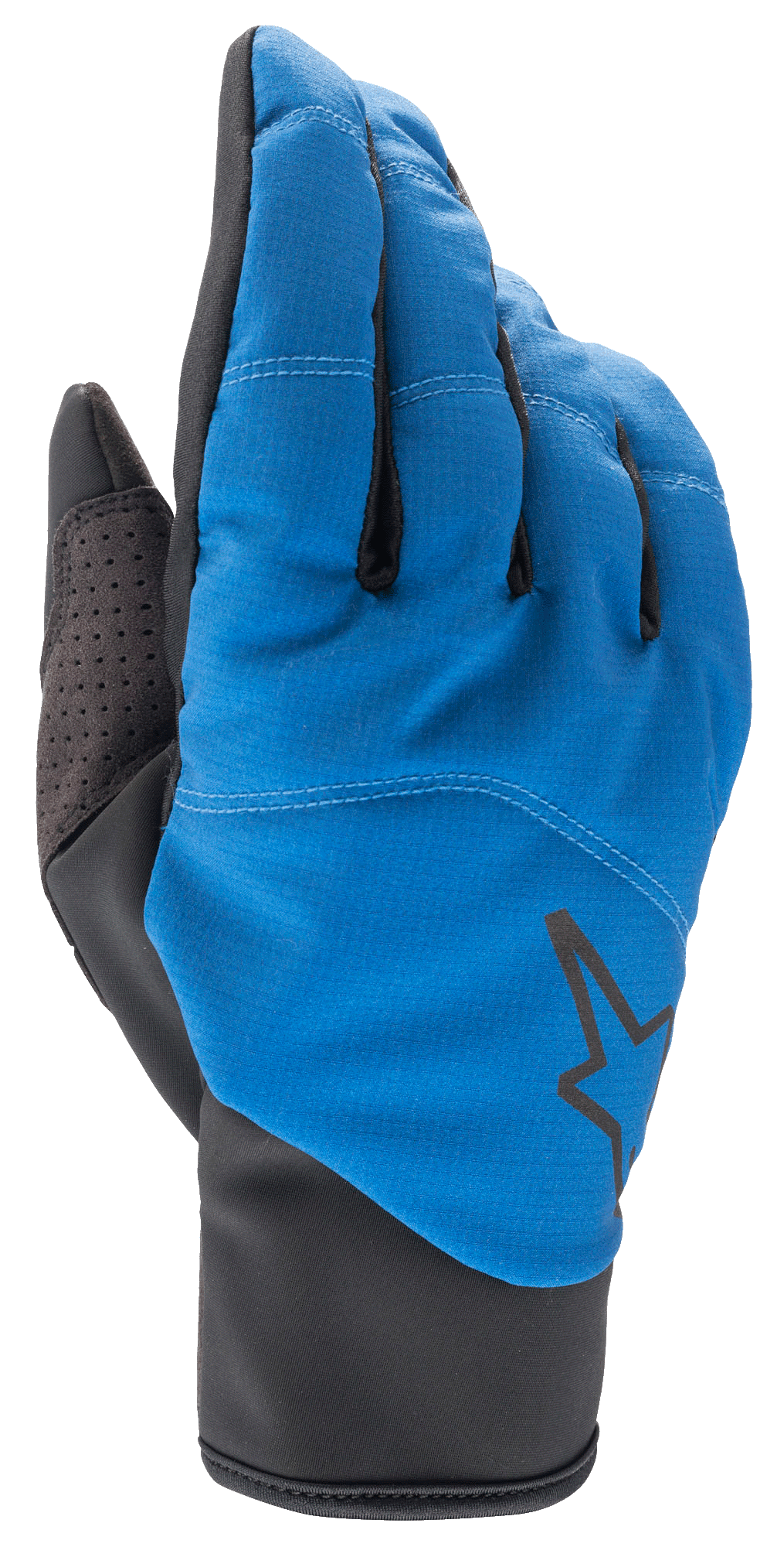 Guanti Alpinestars Denali 2, guanti da mountain bike MTB, blu medio e nero, con dorso in softshell resistente alle intemperie e logo a stella nero, rinforzo traforato sul pollice e polsino slip-on per la guida in climi freddi.
