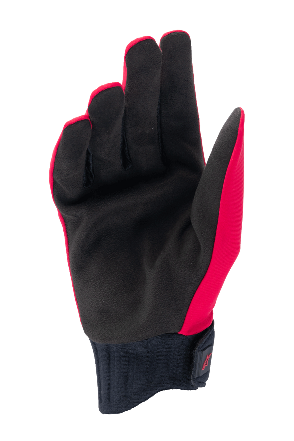Alpinestars guanti Stella A-Dura Rain da donna, rosso fluo e nero, vista del palmo in pelle scamosciata sintetica, polsino in neoprene a coste con chiusura a strappo, guanti da ciclismo impermeabili