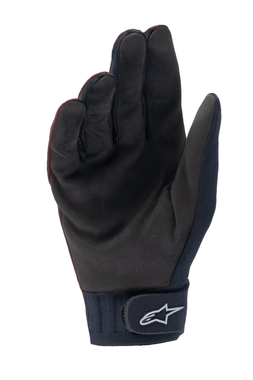 Guanti termici Alpinestars Stella A-Dura, guanti da MTB da donna, bordeaux scuro e nero, vista del palmo in pelle scamosciata sintetica, polsino in neoprene con chiusura a strappo e logo Alpinestars bianco, progettati per il ciclismo con clima freddo