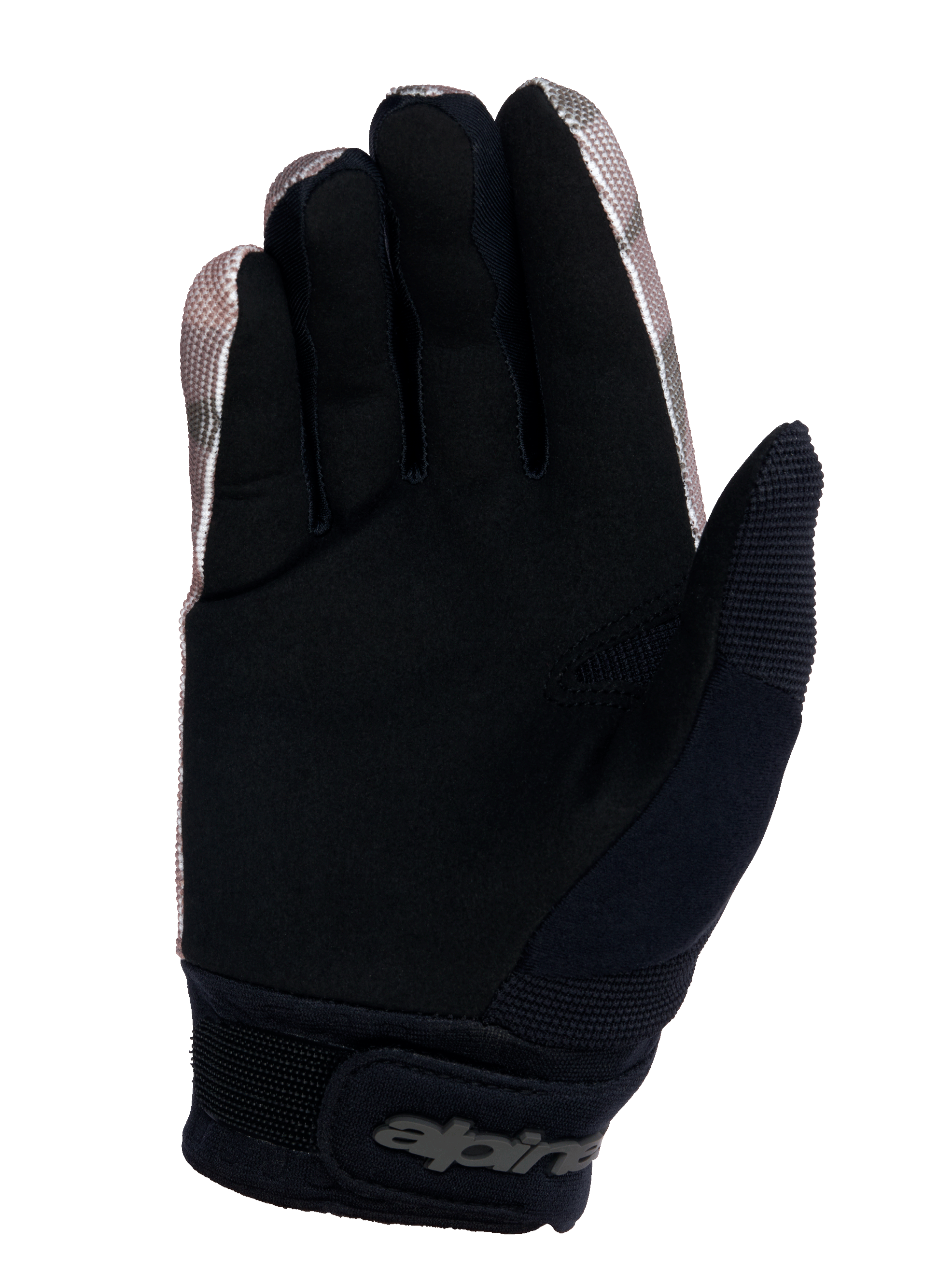 Guanti Alpinestars Youth A-Dura, guanti da mountain bike per ragazzi, colore camo e nero, vista del palmo in camoscio sintetico per il grip, polsino in neoprene con chiusura a strappo e inserto tergisudore sul pollice