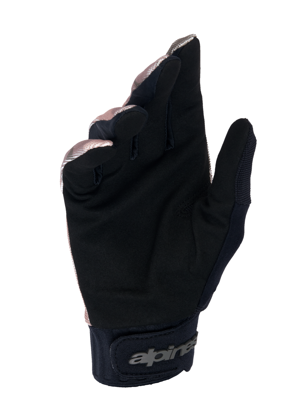 Guanti Alpinestars A-Dura Squad, guanti da MTB, camo e marrone, vista del palmo in suede sintetico nero, polsino in neoprene con chiusura a strappo e logo Alpinestars, design resistente per mountain bike