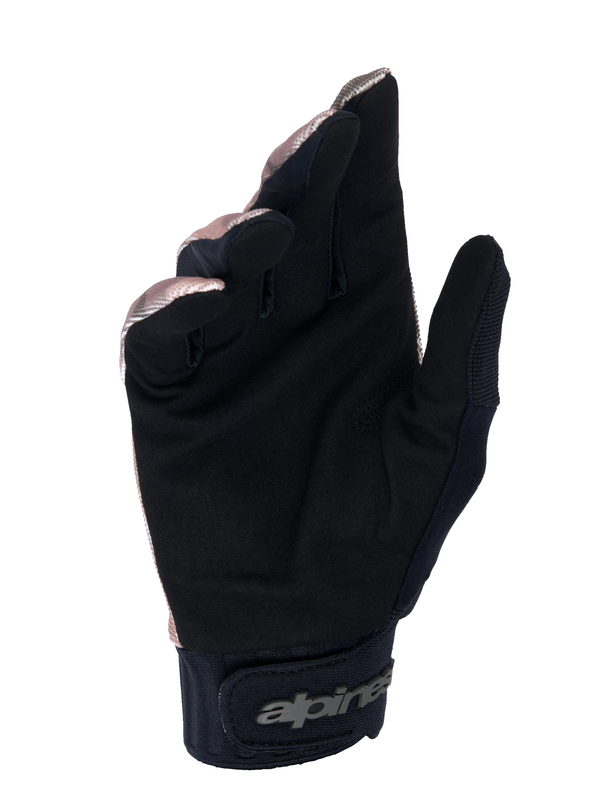 Guanti Alpinestars A-Dura Squad, guanti da MTB, camo e marrone, vista del palmo in suede sintetico nero, polsino in neoprene con chiusura a strappo e logo Alpinestars, design resistente per mountain bike