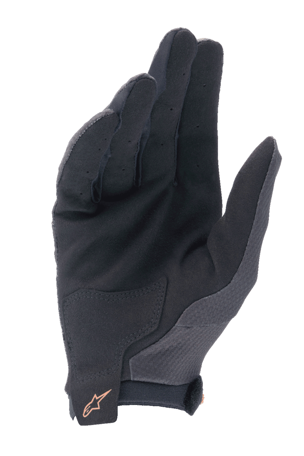 Guanti Alpinestars A-Aria, guanti da ciclismo MTB, nero con logo oro scuro, vista del palmo in camoscio sintetico, dita traforate per la ventilazione e rinforzo sul palmo.