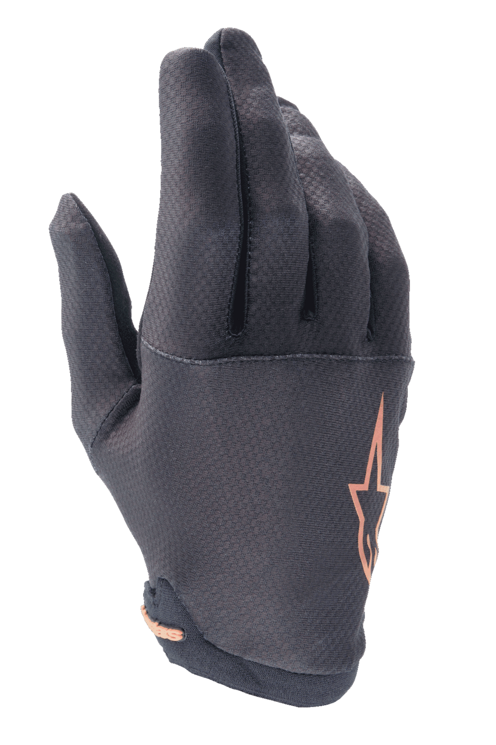 Alpinestars A-Aria Gloves, guanti da mountain bike (MTB), neri con logo a stella oro rosa, caratterizzati da un motivo a griglia testurizzato sulle dita e tessuto elasticizzato leggero per il trail riding
