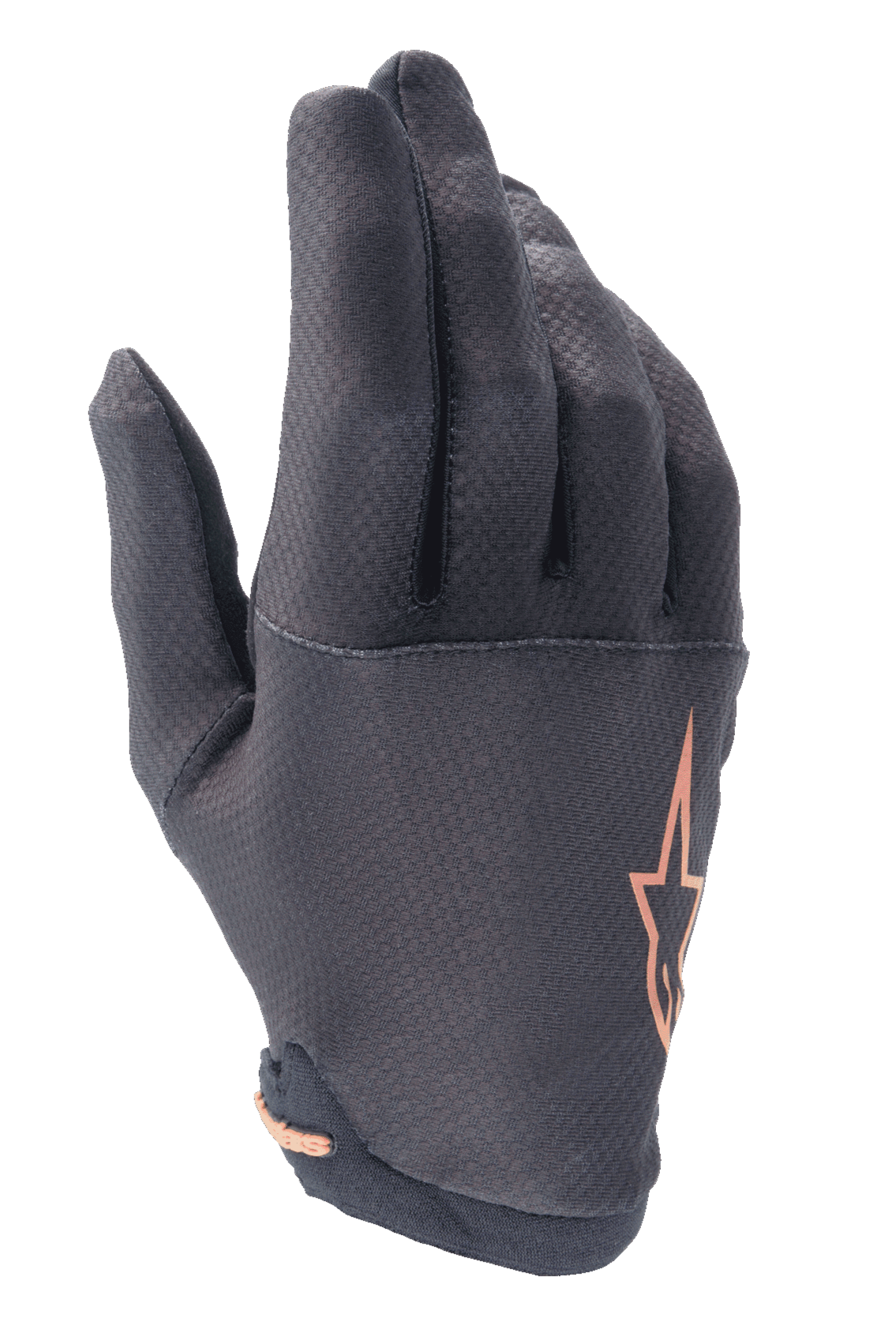 Alpinestars A-Aria Gloves, guanti da mountain bike (MTB), neri con logo a stella oro rosa, caratterizzati da un motivo a griglia testurizzato sulle dita e tessuto elasticizzato leggero per il trail riding