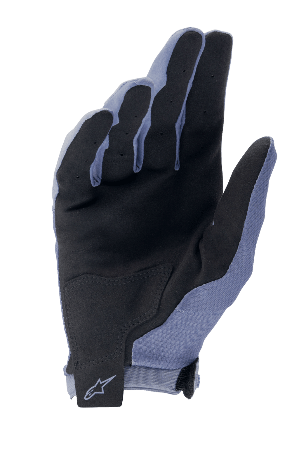 Guanti Alpinestars A-Aria, guanti da ciclismo MTB, Blu Infinity e nero, vista del palmo con camoscio sintetico per la presa, toppa rinforzata e cinturino da polso a strappo con logo Alpinestars