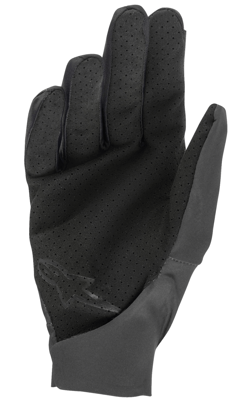Guanti Alpinestars Drop 4.0, nero, vista del palmo con materiale traforato per la ventilazione, costruzione slim-fit in tessuto elasticizzato leggero, logo discreto sulla parte inferiore del palmo, progettati per la guida enduro e MTB
