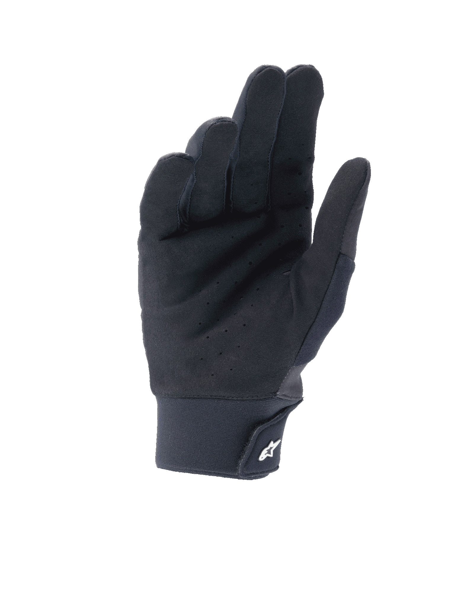 Guanti Alpinestars A-Supra Shield, nero, vista del palmo in camoscio sintetico traforato per la ventilazione, polsino in neoprene con chiusura a strappo e logo a stella bianco, attrezzatura tecnica per MTB e gravity riding