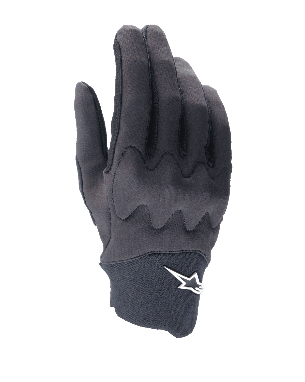 Alpinestars A-Supra Shield Gloves, guanti da ciclismo MTB, nero, design elegante con motivo a scudo ondulato sulle nocche, logo a stella bianco sul polsino in neoprene, costruzione flessibile e resistente