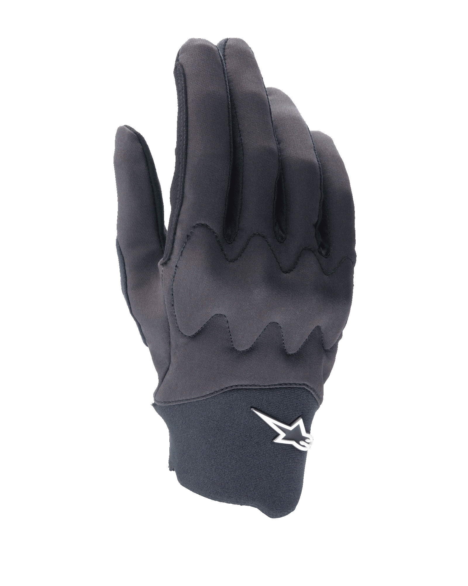 Alpinestars A-Supra Shield Gloves, guanti da ciclismo MTB, nero, design elegante con motivo a scudo ondulato sulle nocche, logo a stella bianco sul polsino in neoprene, costruzione flessibile e resistente
