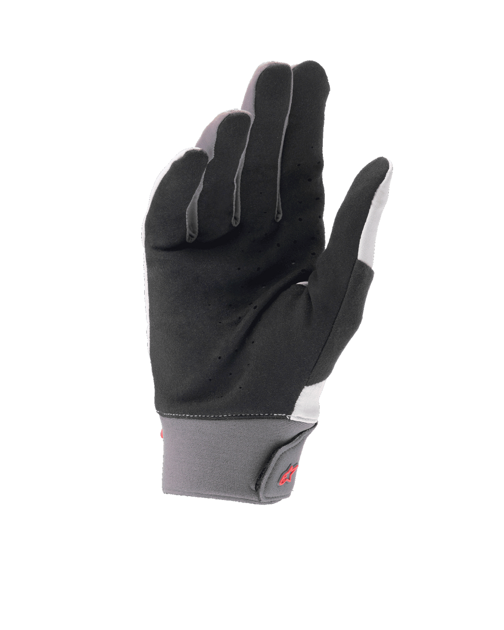 Guanti Alpinestars A-Supra Shield, guanti da mountain bike grigio chiaro, vista del palmo in camoscio sintetico nero traforato per la ventilazione, polsino in neoprene grigio con chiusura a gancio e asola e logo rosso