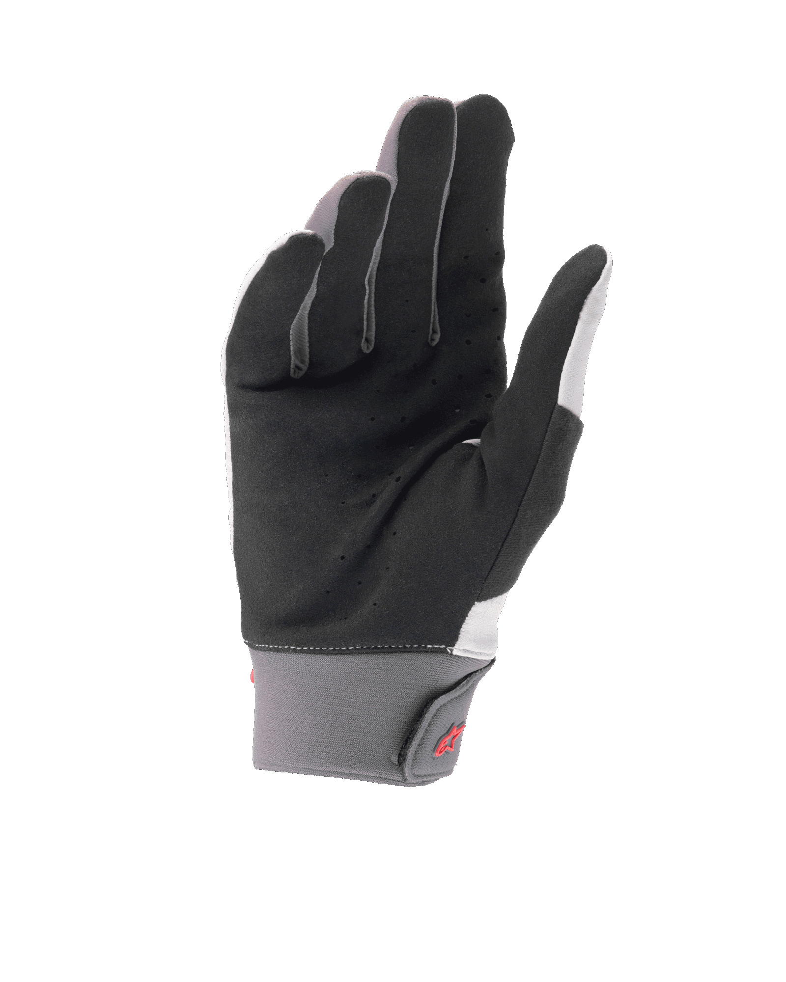 Guanti Alpinestars A-Supra Shield, guanti da mountain bike grigio chiaro, vista del palmo in camoscio sintetico nero traforato per la ventilazione, polsino in neoprene grigio con chiusura a gancio e asola e logo rosso