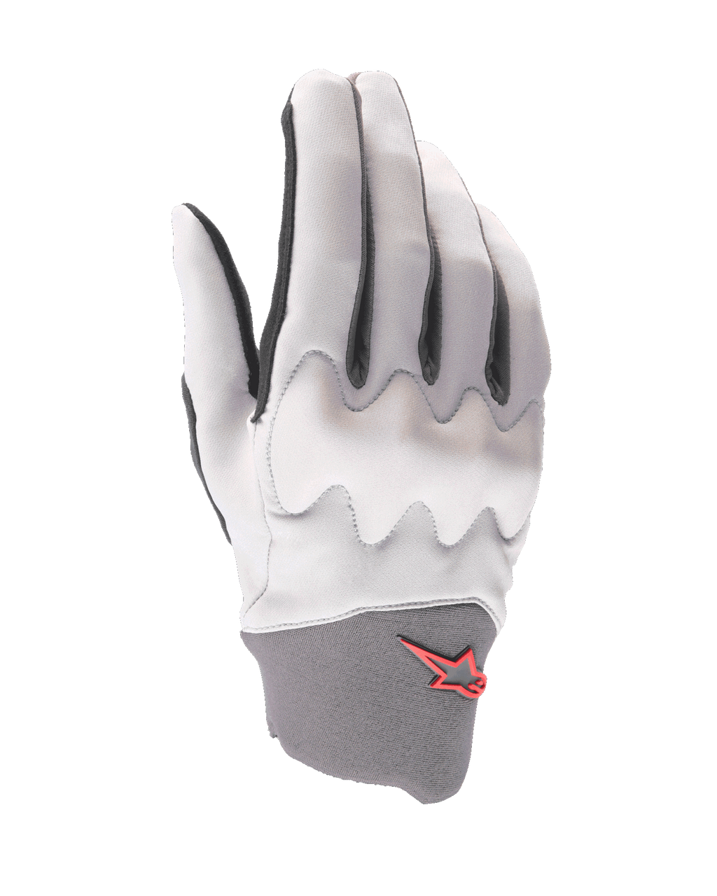 Guanti Alpinestars A-Supra Shield, guanti da mountain bike, grigio chiaro, con scudo di protezione per le nocche ondulato, polsino in neoprene grigio scuro con logo a stella rossa, design ergonomico per il ciclismo gravity