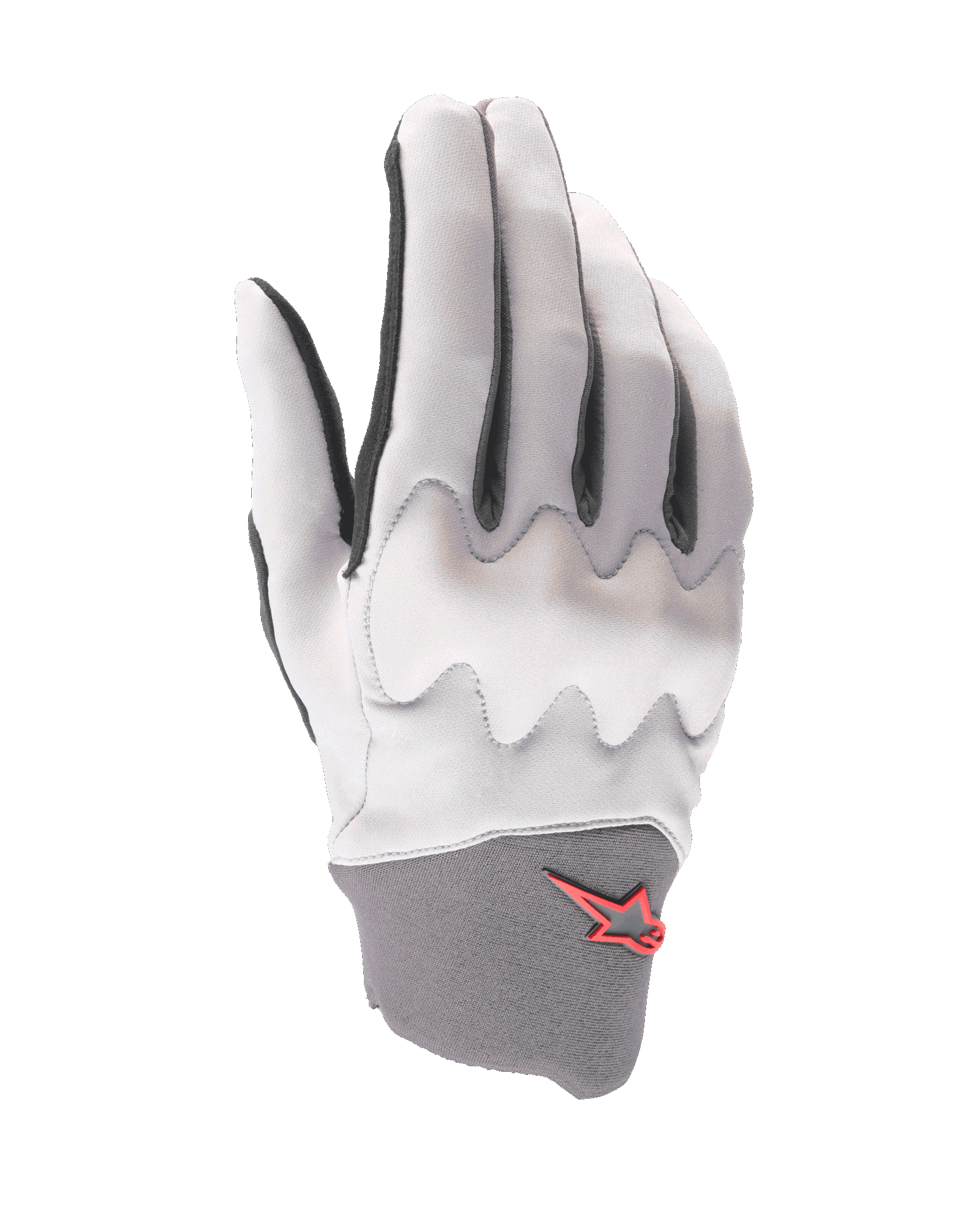 Guanti Alpinestars A-Supra Shield, guanti da mountain bike, grigio chiaro, con scudo di protezione per le nocche ondulato, polsino in neoprene grigio scuro con logo a stella rossa, design ergonomico per il ciclismo gravity
