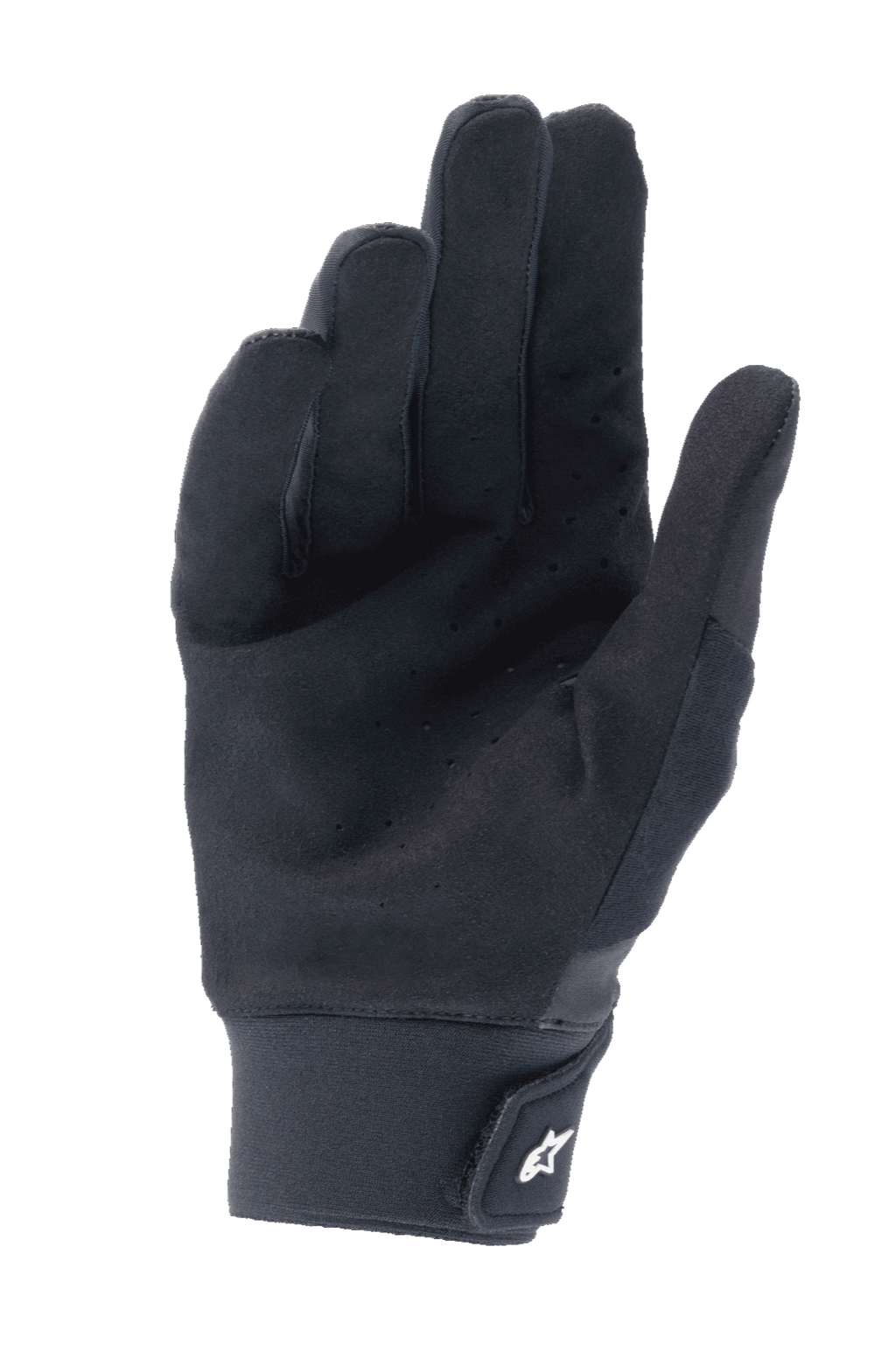 Guanti Alpinestars A-Supra, nero, vista del palmo in camoscio sintetico perforato per la ventilazione, polsino in neoprene con chiusura a strappo e logo bianco, equipaggiamento tecnico da mountain bike