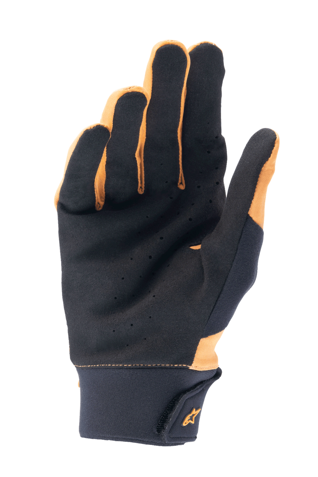 Guanti Alpinestars A-Supra, Oro scuro e Nero, vista del palmo in camoscio sintetico perforato per ventilazione e grip, ampio polsino in neoprene con chiusura a gancio e asola e logo dorato, guanti da ciclismo per mountain bike