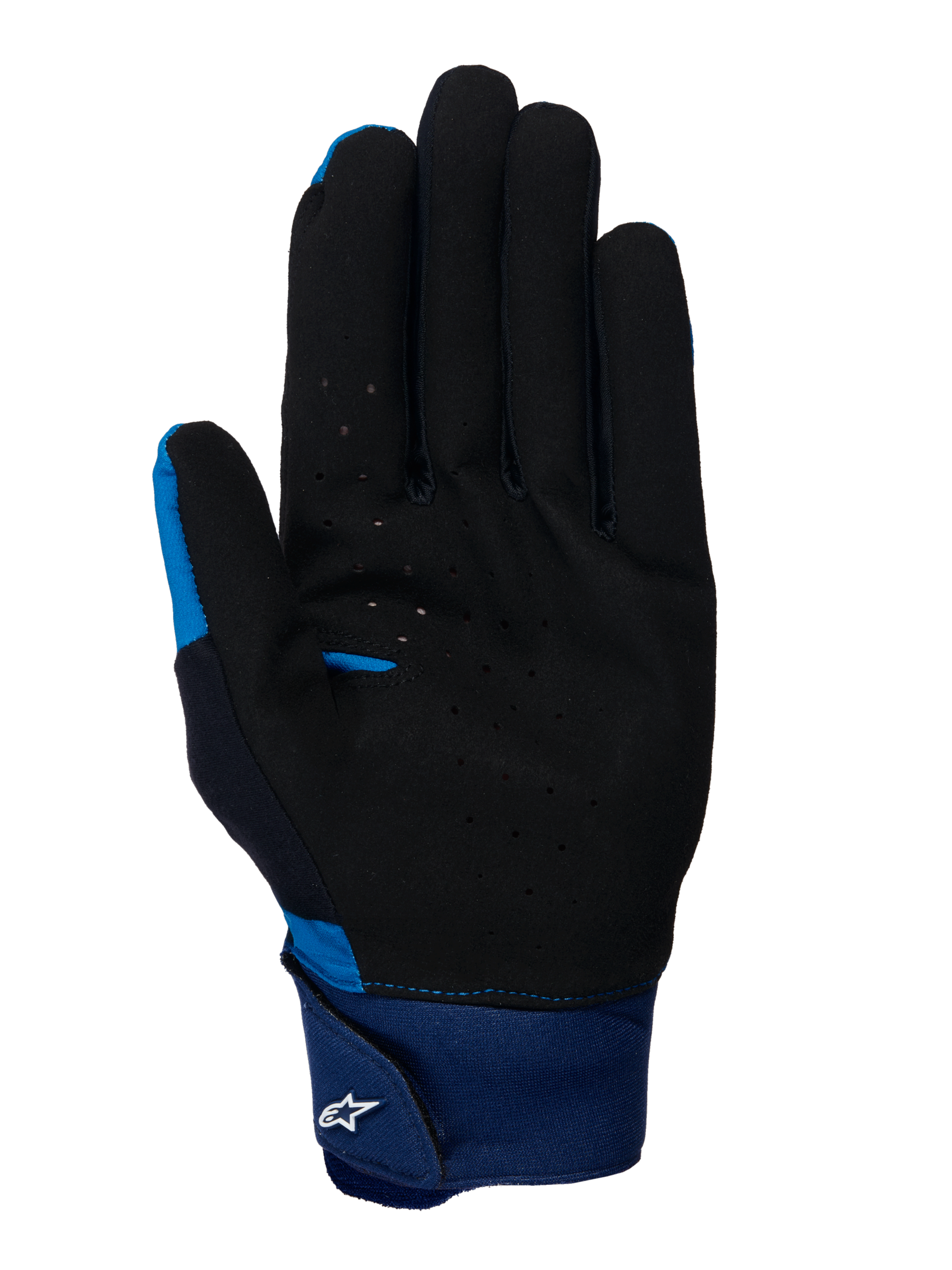 Guanti Alpinestars A-Supra, guanti MTB blu, vista del palmo in materiale scamosciato traforato nero, ampio polsino in neoprene blu con cinturino a gancio e asola e logo Astars bianco