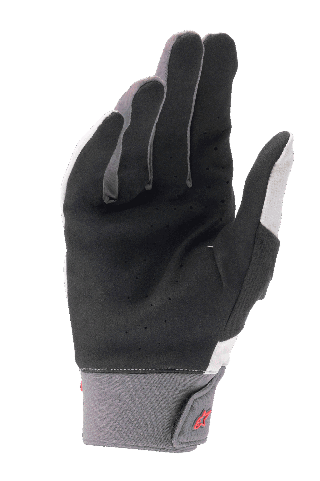 Guanti Alpinestars A-Supra, guanti da mountain bike, grigio chiaro e nero, con palmo in camoscio sintetico perforato, polsino in neoprene con chiusura a gancio e asola, dettaglio logo rosso, progettati per il ciclismo ad alte prestazioni