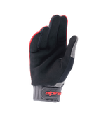 Guanti Alpinestars A-Dura, guanti da mountain bike, rosso fluo e nero, vista del palmo in camoscio sintetico per la presa, polsino in neoprene grigio con chiusura a strappo e logo rosso, attrezzatura per ciclismo fuoristrada